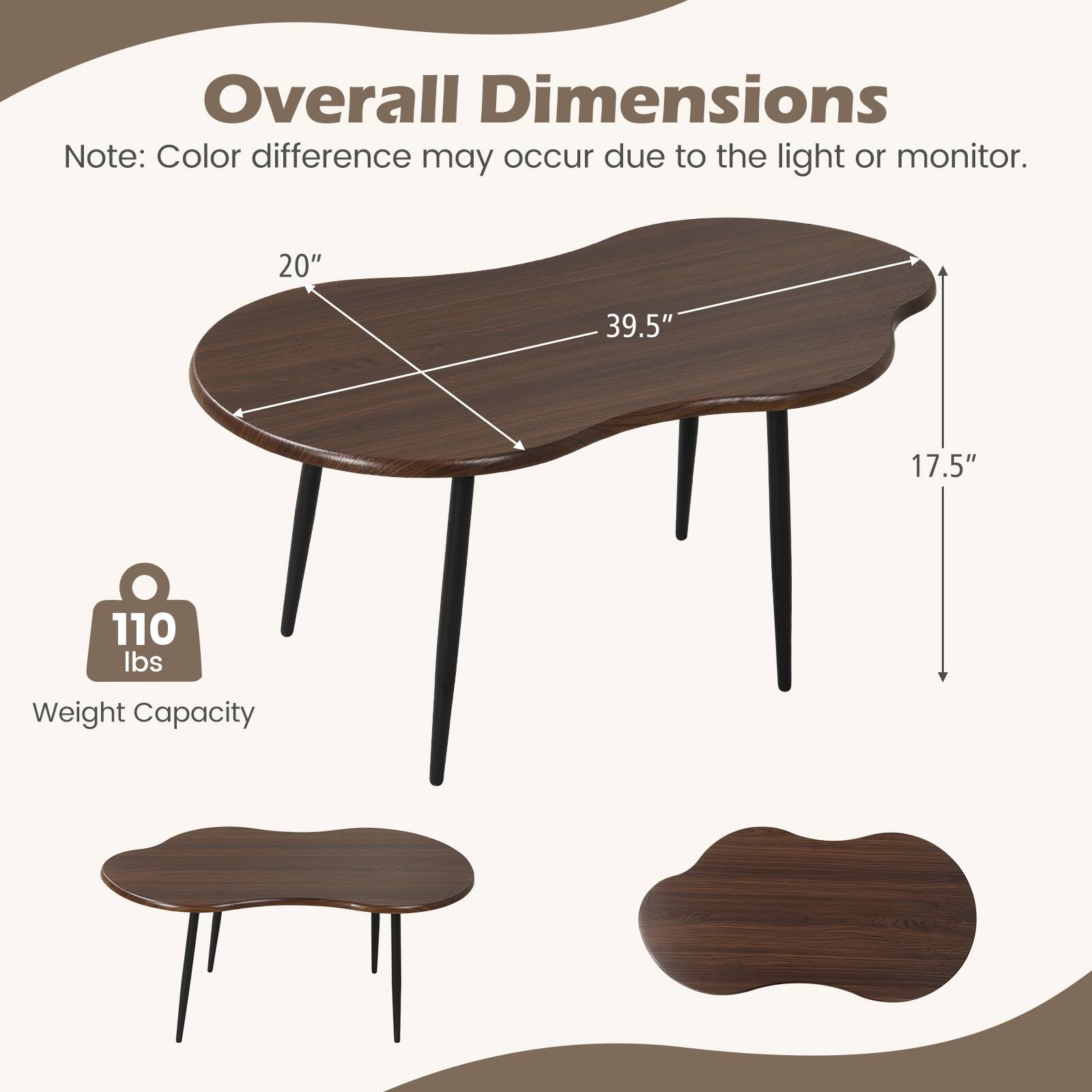 Overall Dimensions  
Note: Color difference may occur due to the light or monitor.  
20" x 39.5" x 17.5"  
110 lbs Weight Capacity