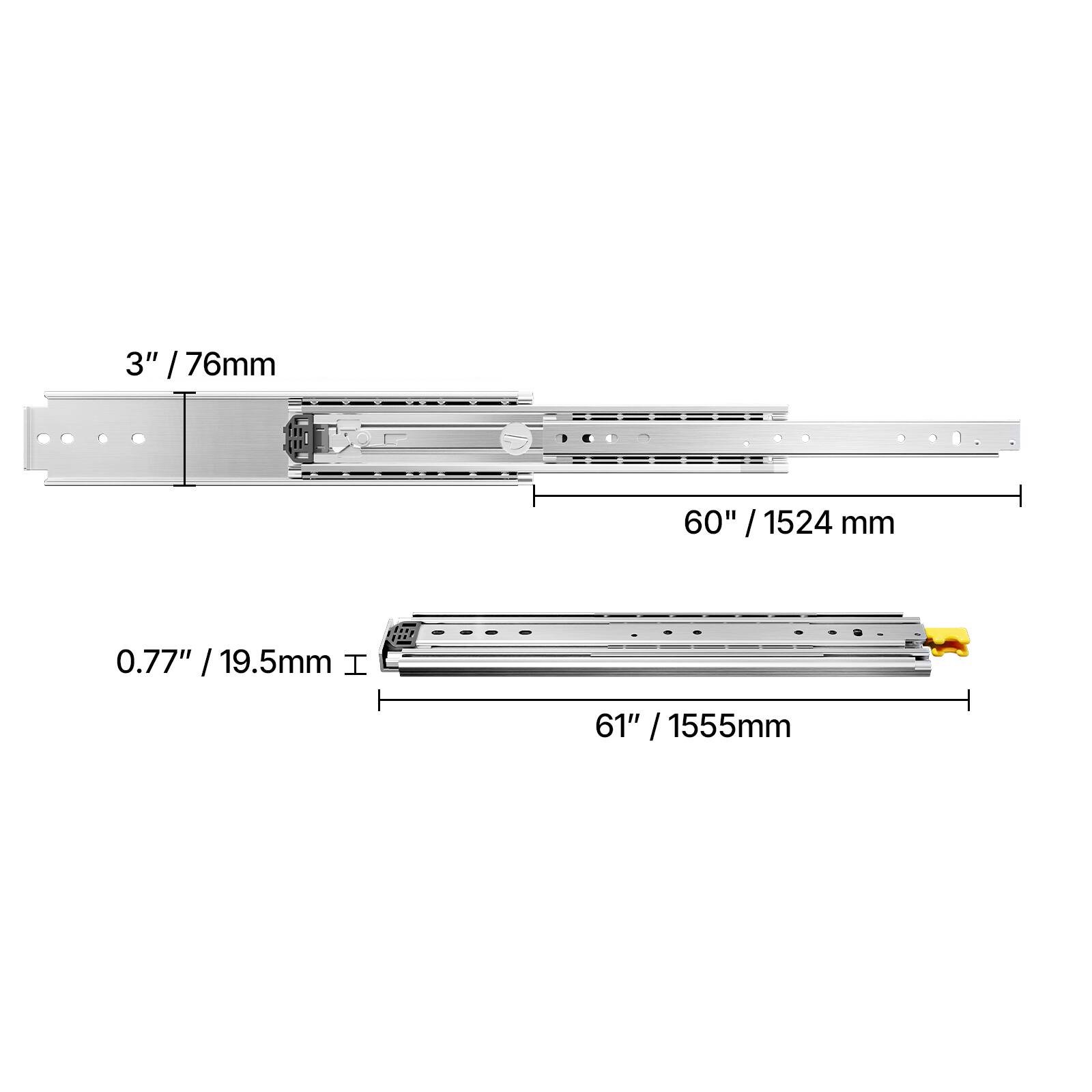 3" / 76mm  
60" / 1524 mm  
0.77" / 19.5mm  
61" / 1555mm