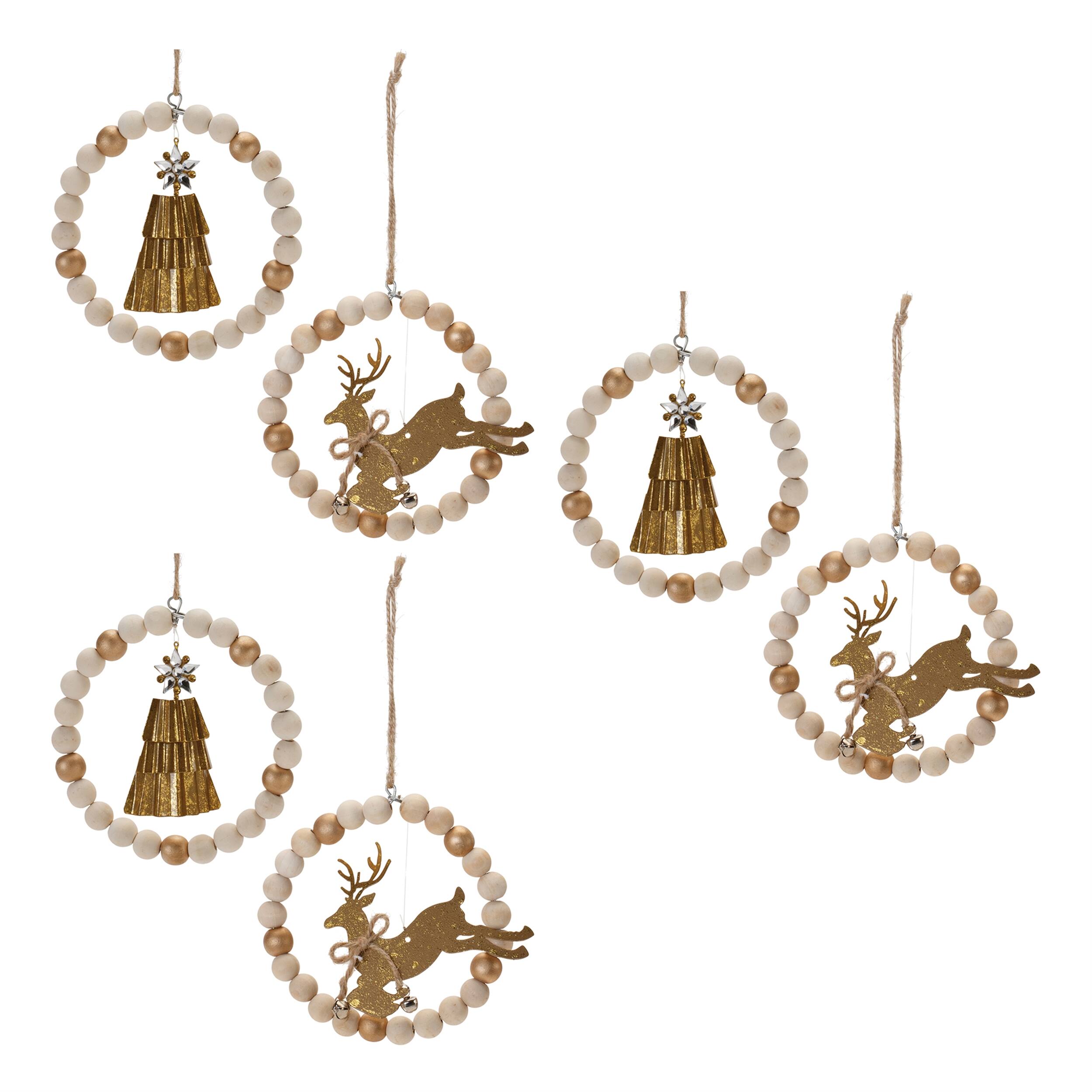 Alt View 2. BreeBe - Beaded Wood Tree and Deer Ornament (Set of 6) - Bronze, Beige.