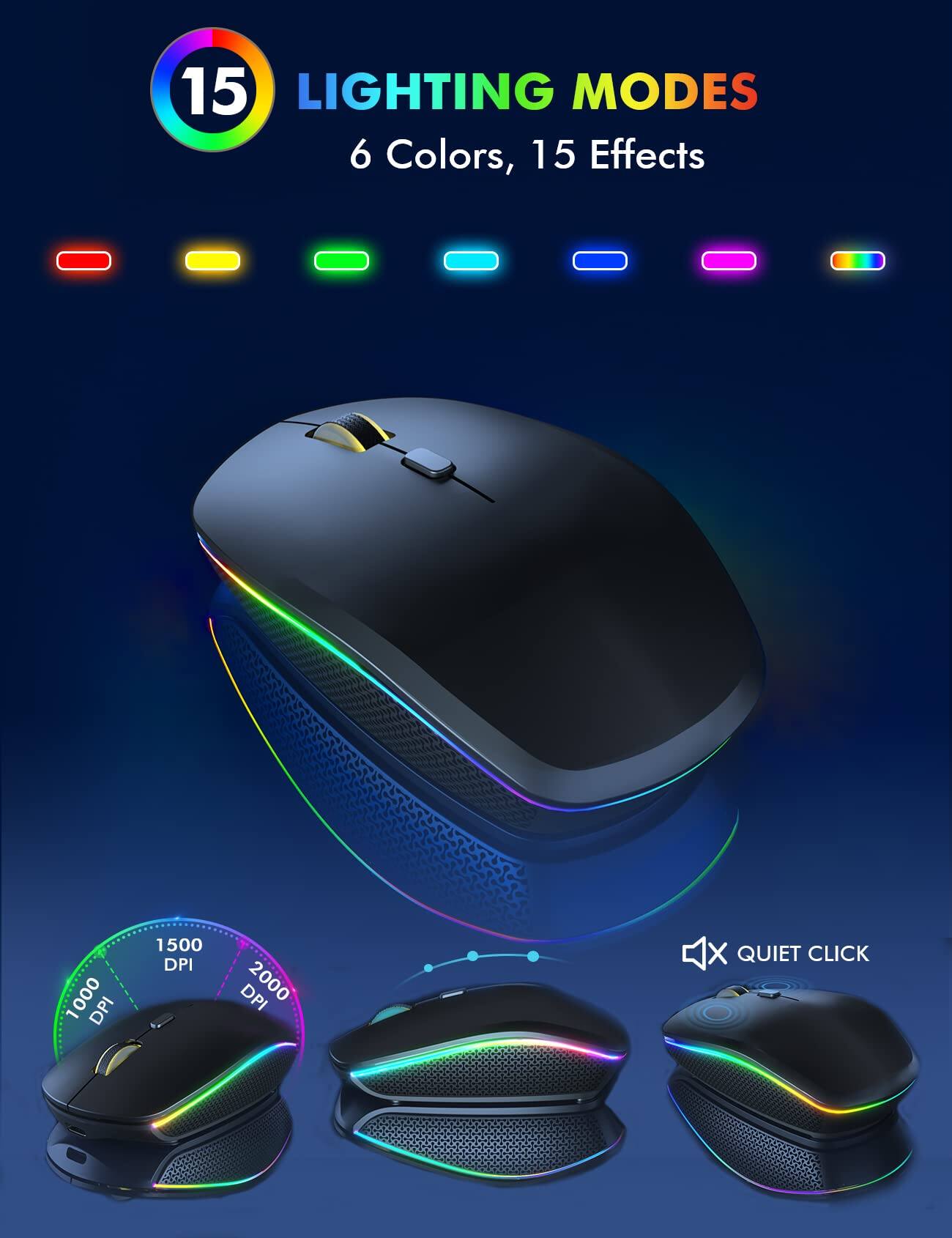 15 LIGHTING MODES  
6 Colors, 15 Effects  

1000 DPI  
1500 DPI  
2000 DPI  

4X QUIET CLICK