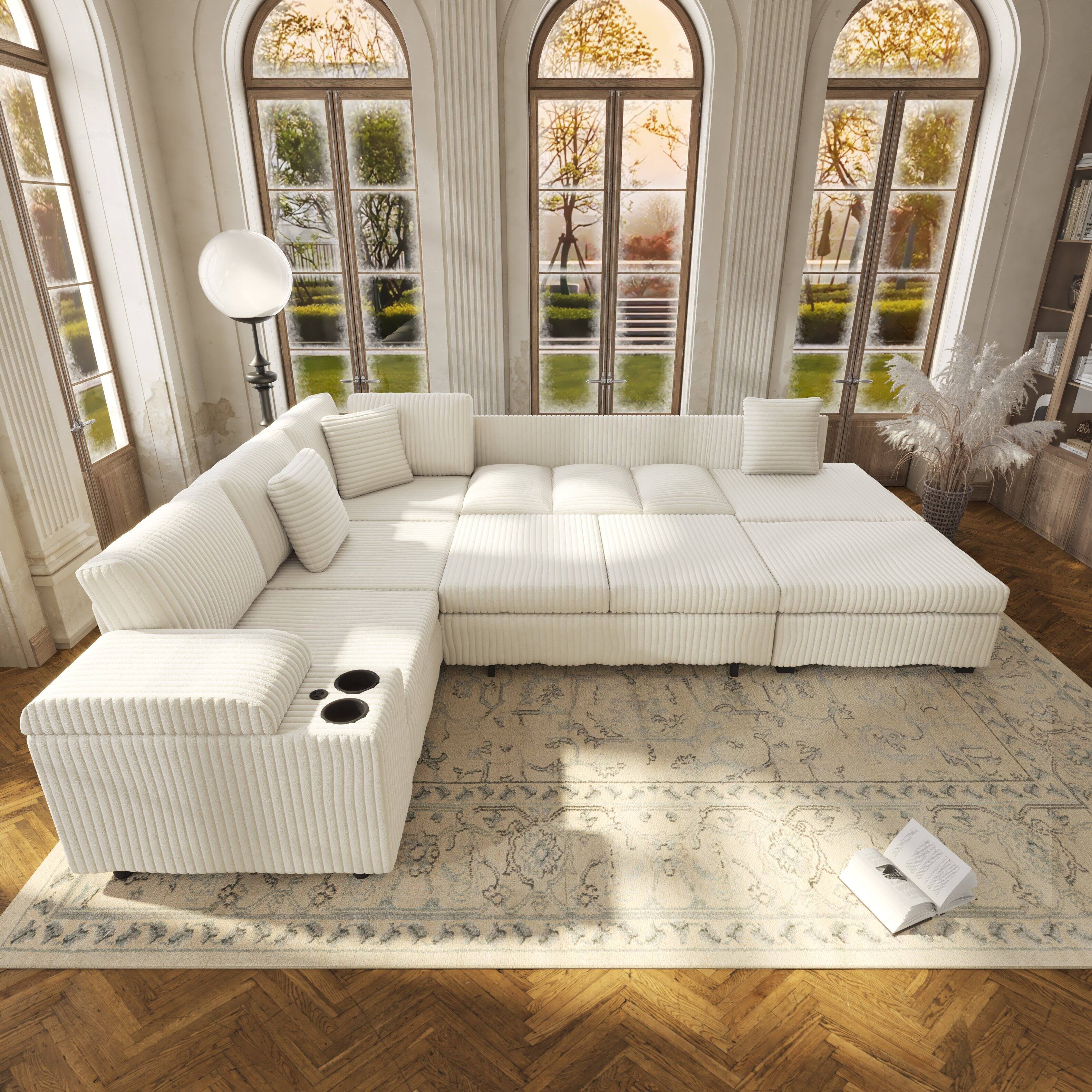 Left. Anysun - 110.2" L-Shaped Convertible Corduroy Sectional Sofa Set with Removable Ottoman, Hidden Storage, USB Ports & Cup Holders - Beige.