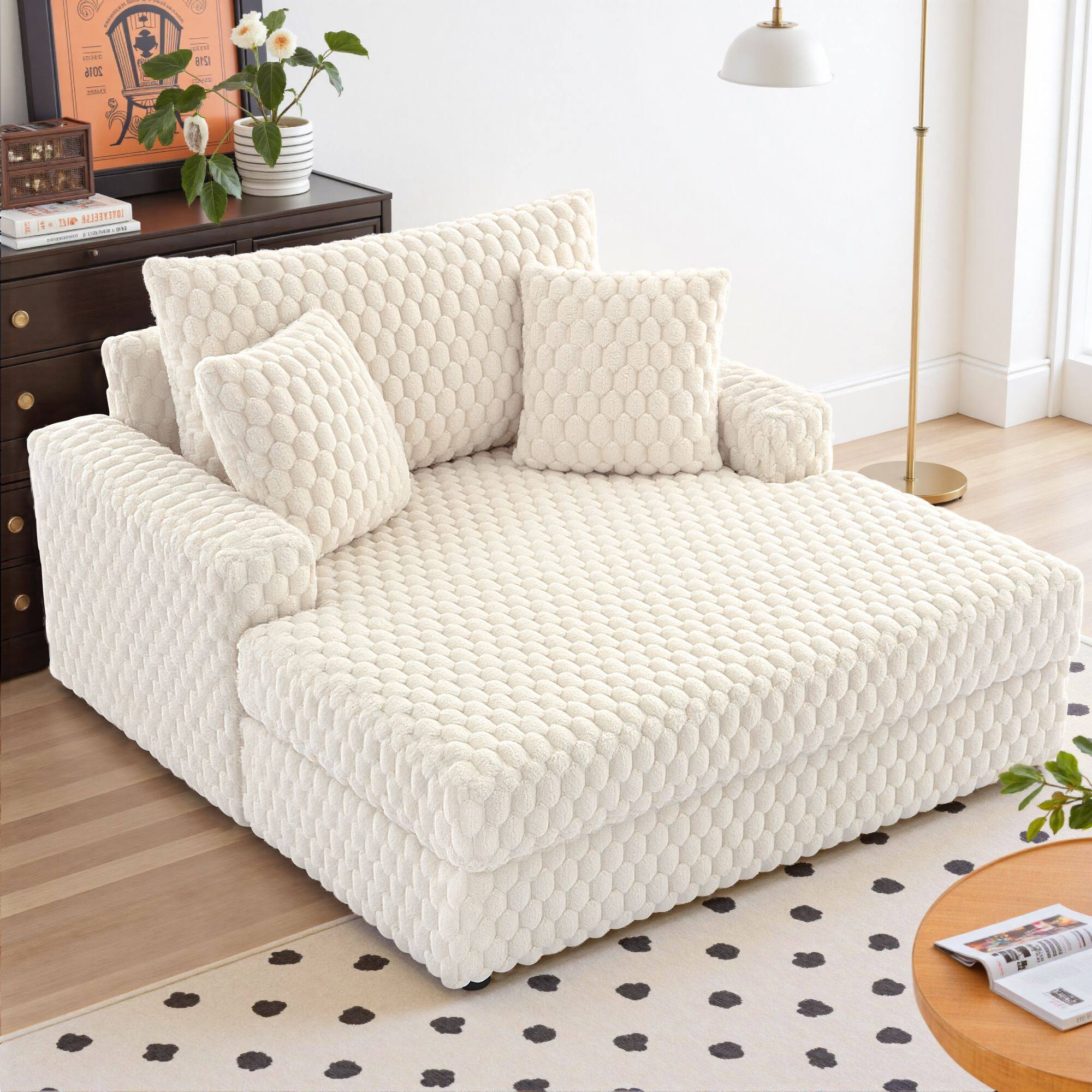 Brick Attic - 53" Upholstered Chaise Lounge Sofa Bed – Modern Sleeper Chair with Throw Pillows & Armrests, Plush Chair Bed - White