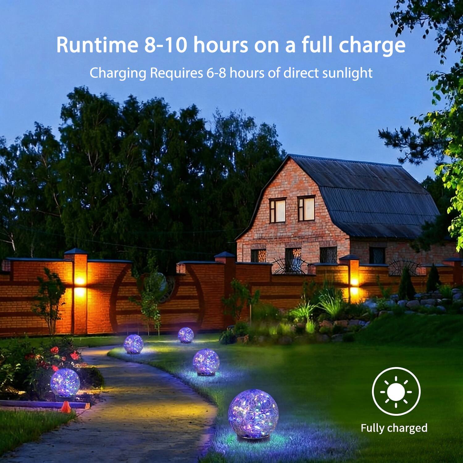 Runtime 8-10 hours on a full charge  
Charging Requires 6-8 hours of direct sunlight  
Fully charged