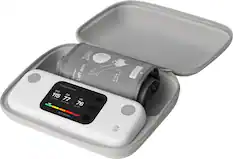 The text on the image reads: "SNO 0 S B CE 1 ALIGNO INDICATOS LIMASTRA M4A% arm WITHINGS Left Blood SYS pressure 115 DIA mmHg 77 HR mmHg 76 bpm WITHINGS (0.8"-1.2") -1.2") 2-3CM 2 INDEX ON OFF."