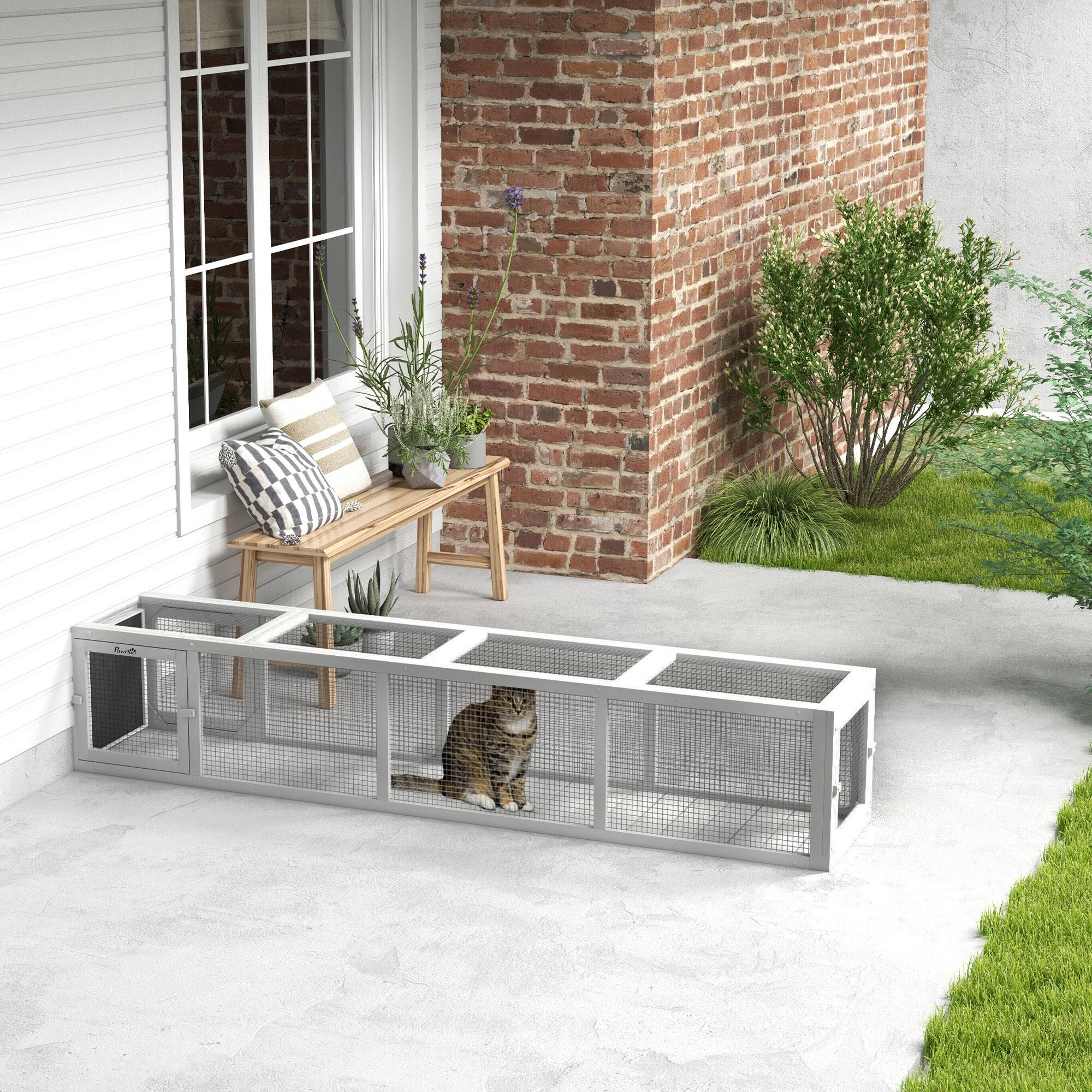 Angle. Pawhut - Outdoor Extendable Cat Tunnel, 79" L Wooden Cat Run with Weather Protection, Connecting Inside & Outside - White.