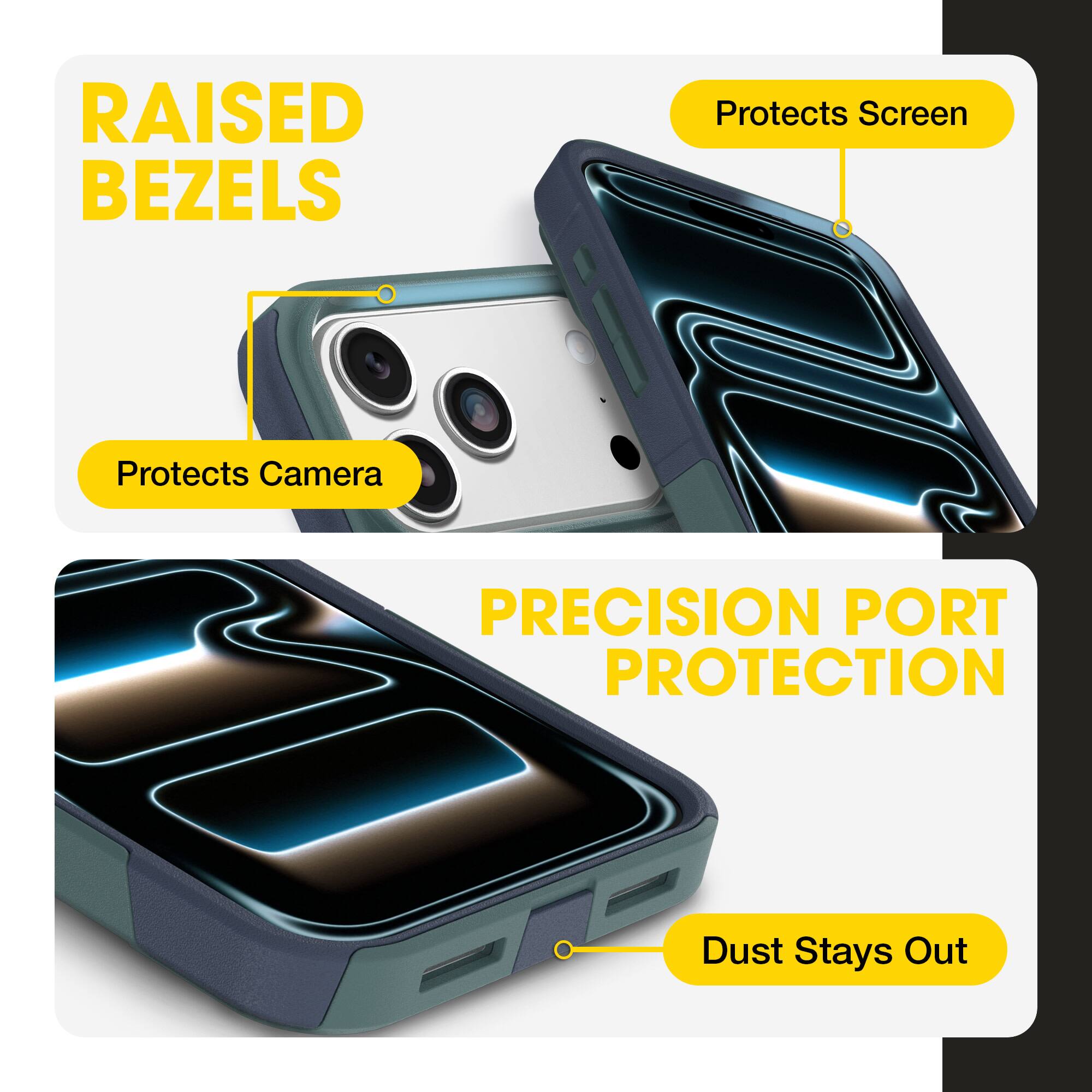 RAISED BEZELS  
- Protects Screen  
- Protects Camera  

PRECISION PORT PROTECTION  
- Dust Stays Out