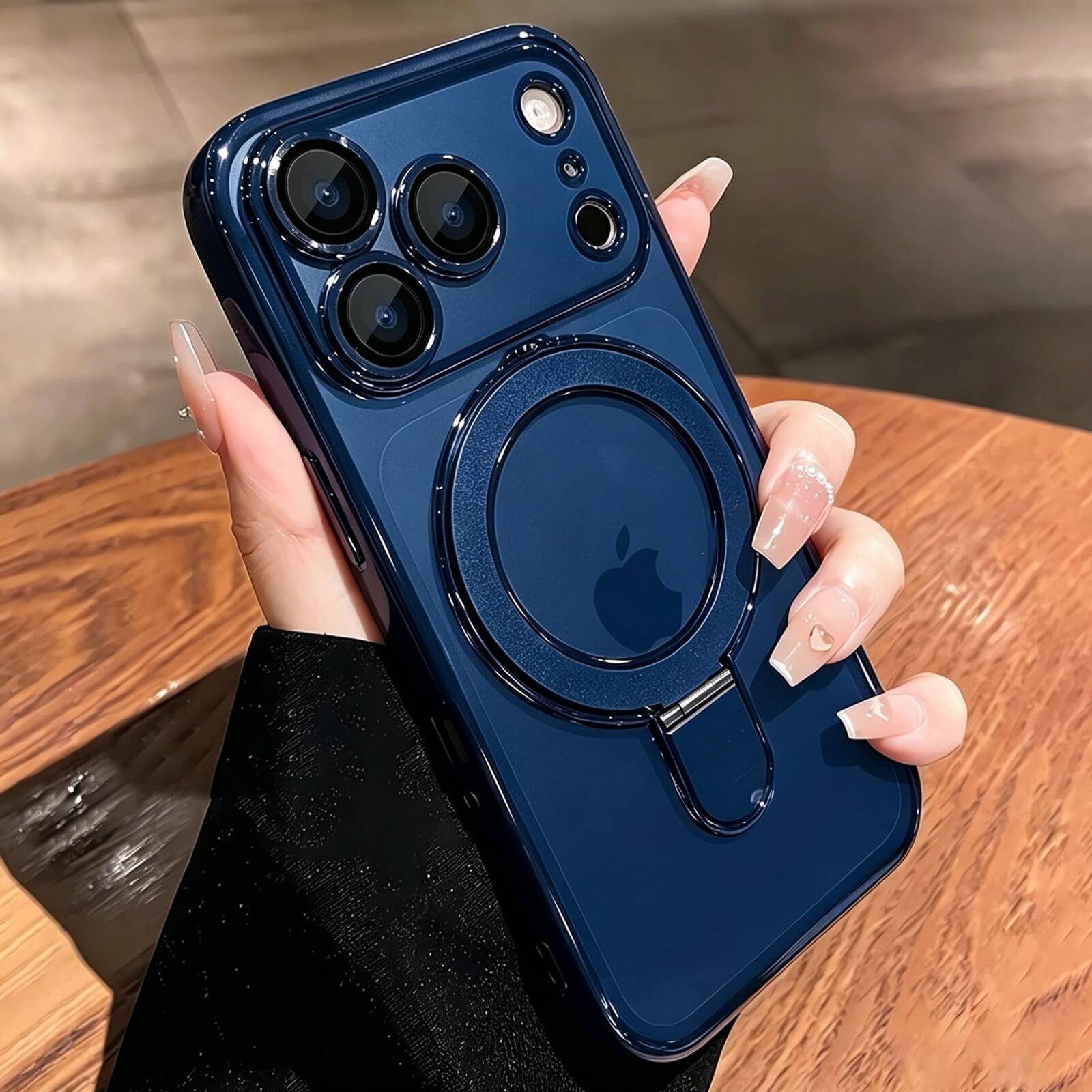 Angle. UUCOVER - Magnetic Case for Apple iPhone 17 Pro,Shockproof TPU+PC Clear Case Ring Stand Compatible with MagSafe Camera Lens Cover - Darkblue.
