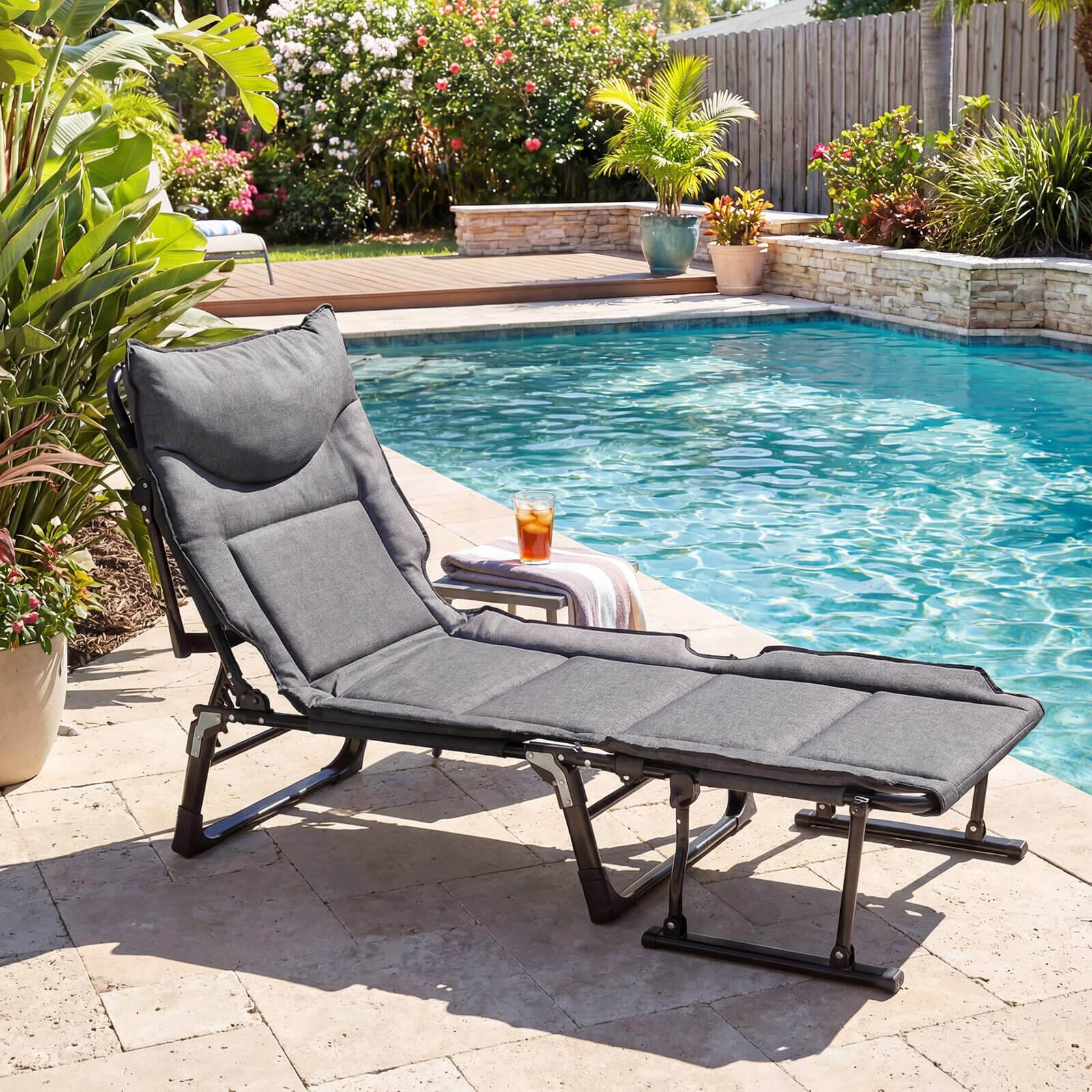 Alt View 3. Costway - Costway Folding Camping Cot with Mattress 6 Backrest Positions Head Pillow Foldable Armrest - Gray + Black.