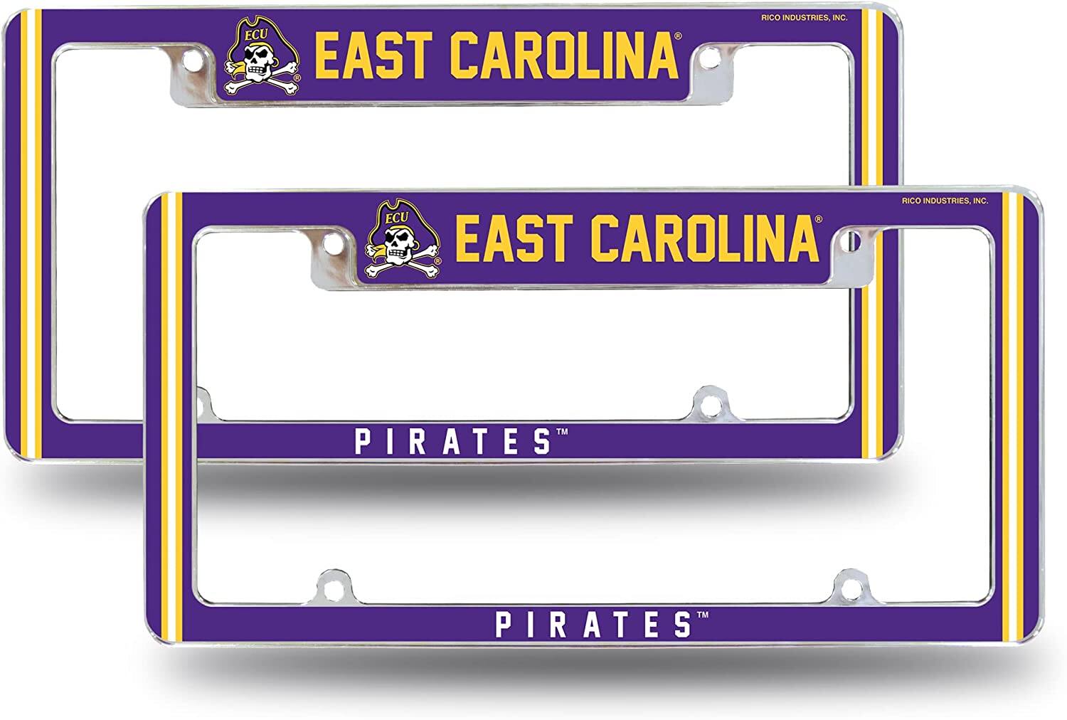 East Carolina NCAA Pirates (Set of 2) Chrome Metal License Plate Frames with Bold Full Frame Design