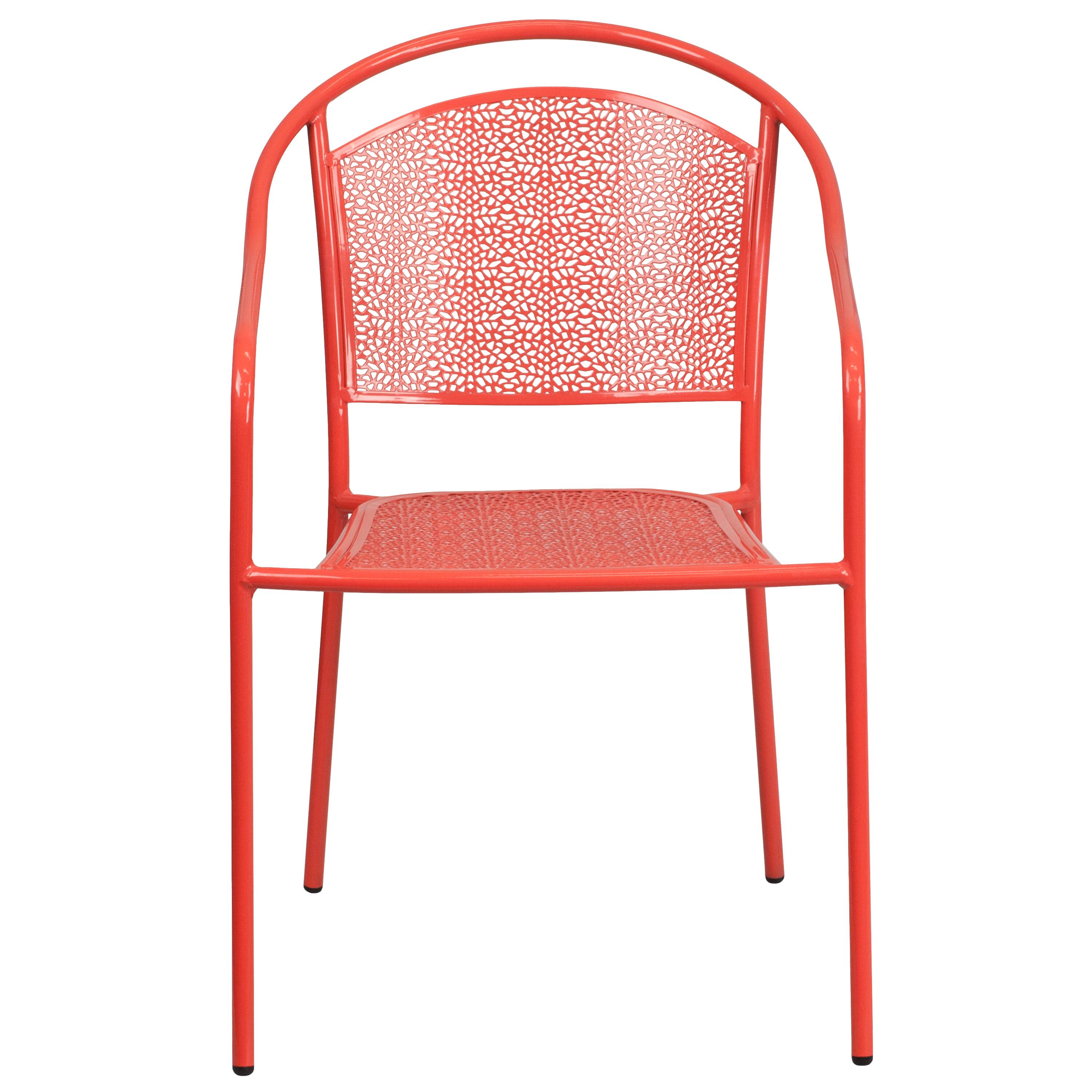 Alt View 5. Emma + Oliver - Commercial Grade Colorful Metal Patio Arm Chair with Round Back - Coral.