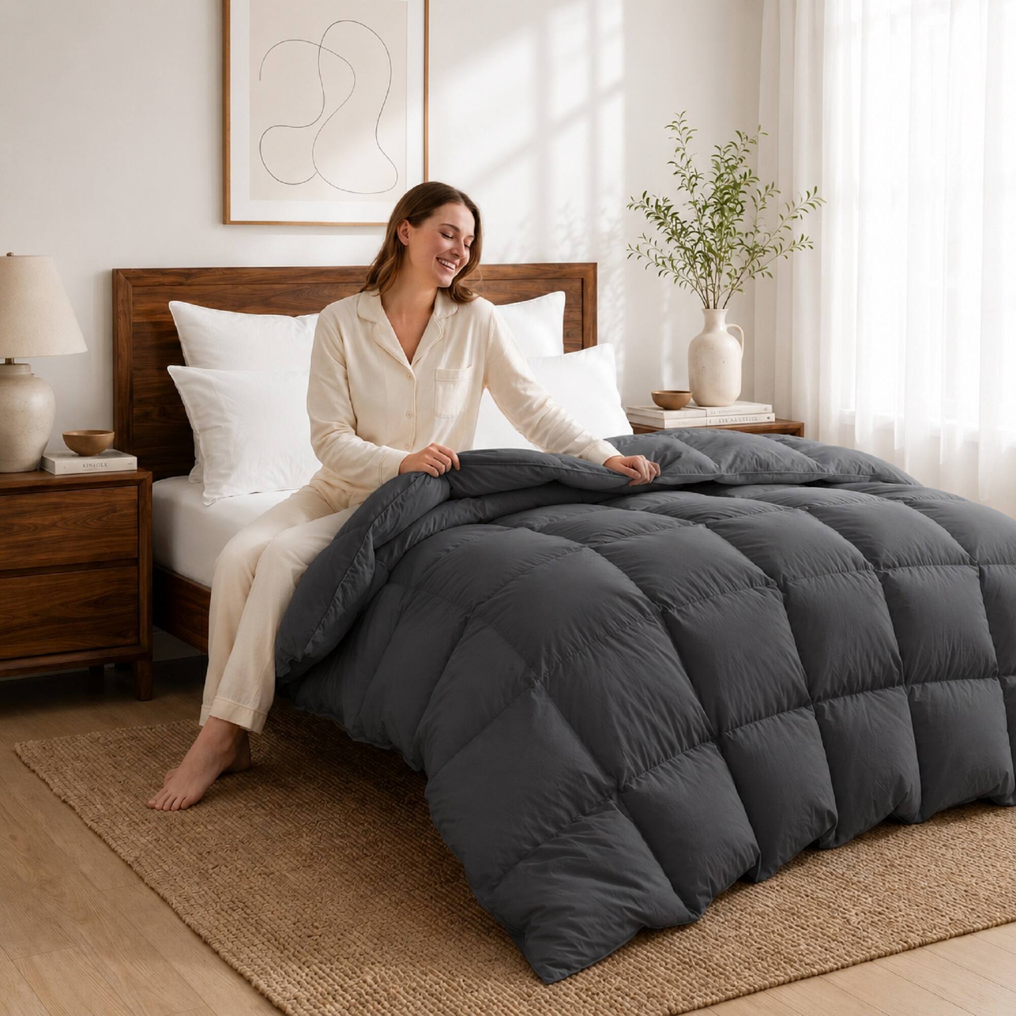 Left. Peace Nest - Dreamhood All Season Soft Premium Feather Down Fiber Comforter Duvet Insert, Gray, King - Gray.