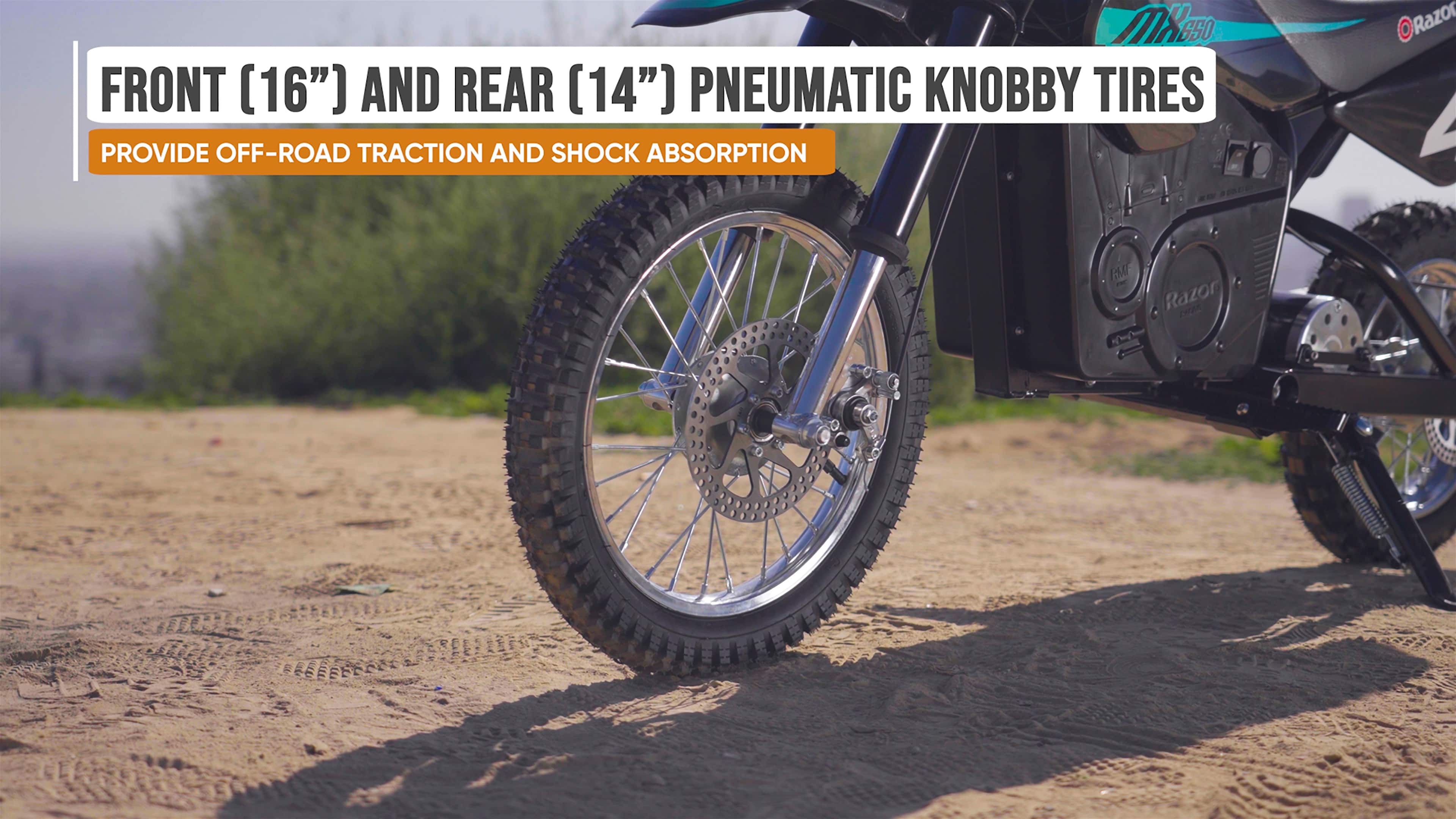 The text on the image reads: "Front (16") and rear (14") pneumatic knobby tires provide off-road traction and shock absorption."