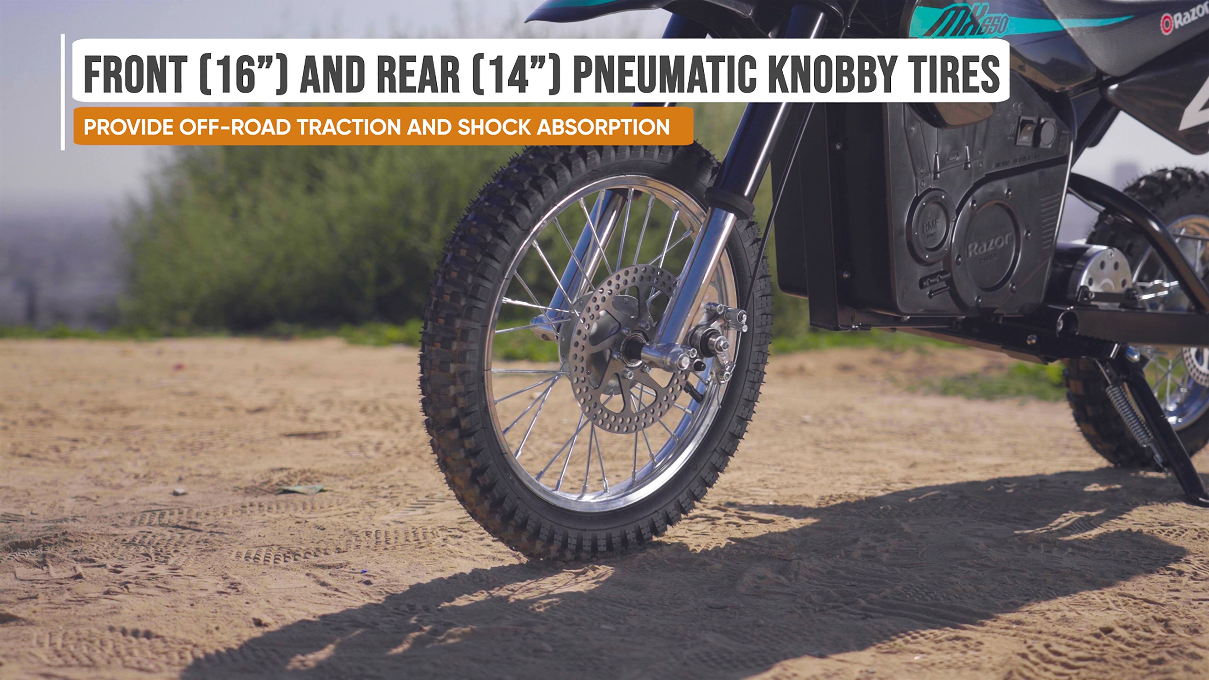 The text on the image reads: "Front (16") and rear (14") pneumatic knobby tires provide off-road traction and shock absorption."