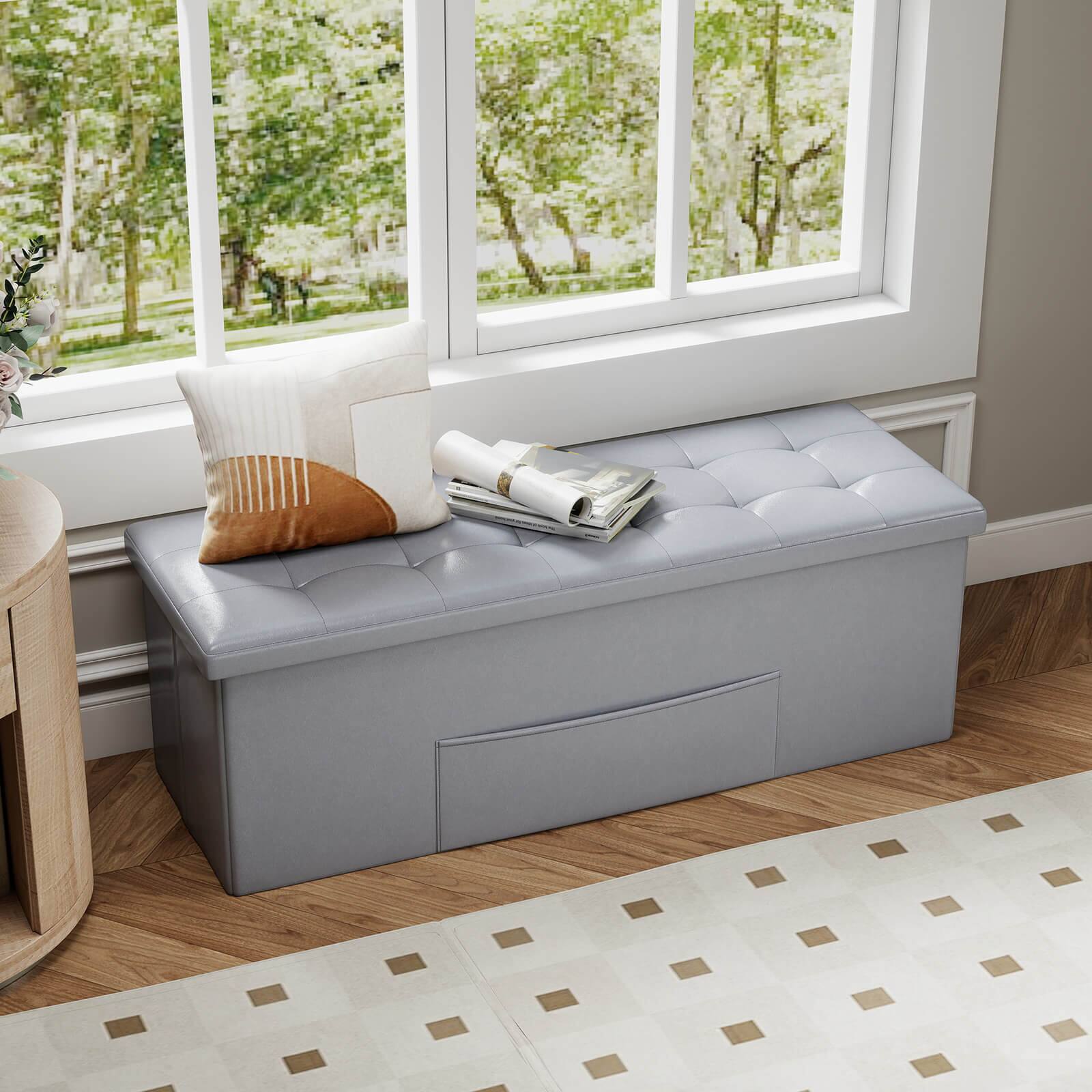 Alt View 1. Costway - Costway 43 Inches Folding Storage Ottoman Bench with Side Pocket Storage Chest - Gray.