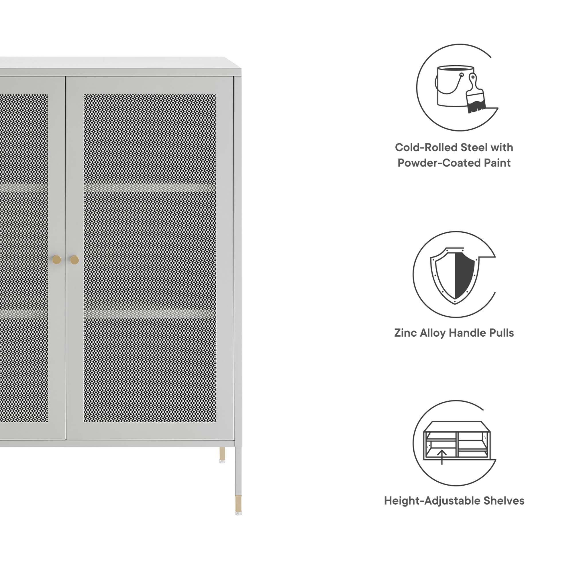 Cold-Rolled Steel with Powder-Coated Paint  
Zinc Alloy Handle Pulls  
Height-Adjustable Shelves