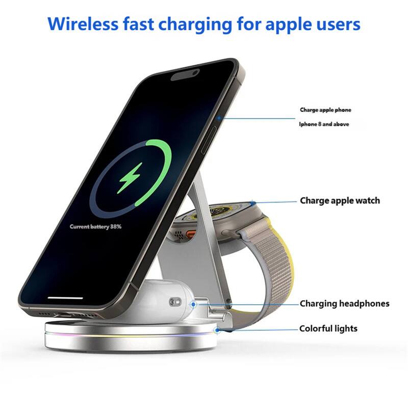Wireless fast charging for apple users

- Charge apple phone
  - Iphone 8 and above

- Charge apple watch

- Charging headphones

- Colorful lights

Current battery 38%
