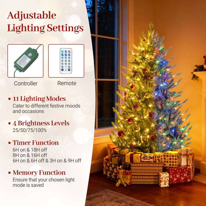 Adjustable Lighting Settings

Controller
Remote

- 11 Lighting Modes
  Cater to different festive moods and occasions

- 4 Brightness Levels
  25/50/75/100%

- Timer Function
  6H on & 18H off
  8H on & 16H off
  6H on & 6H off
  3H on & 9H off

- Memory Function
  Ensure that your chosen light mode is saved