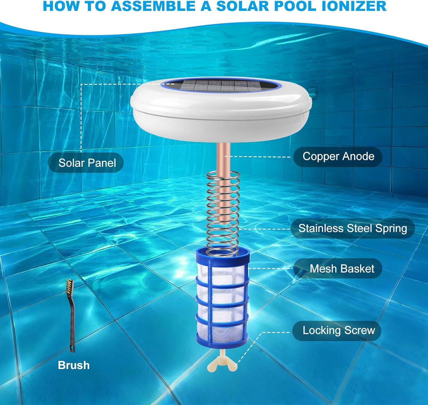 HOW TO ASSEMBLE A SOLAR POOL IONIZER

- Solar Panel
- Copper Anode
- Stainless Steel Spring
- Mesh Basket
- Locking Screw
- Brush