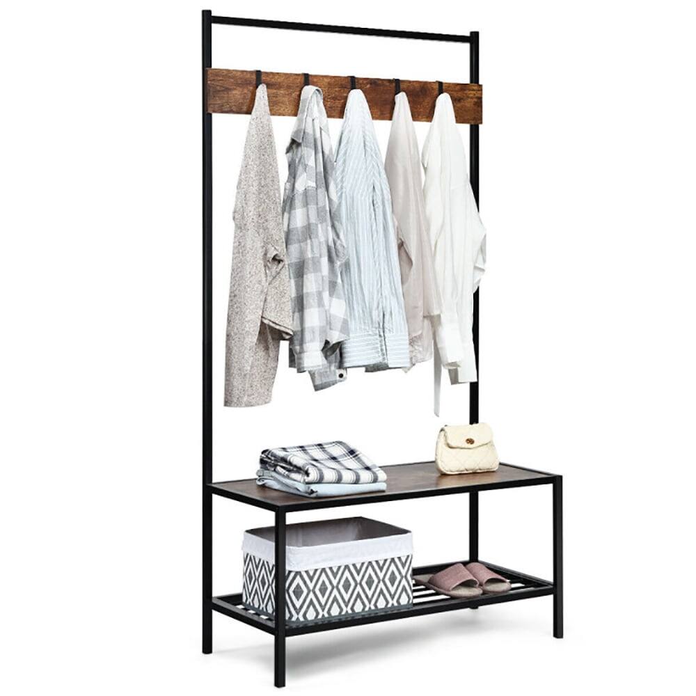 Angle. Kadyn - 3-in-1 Industrial Coat Rack with 2-tier Storage Bench and 5 Hooks-Brown, - Brown.