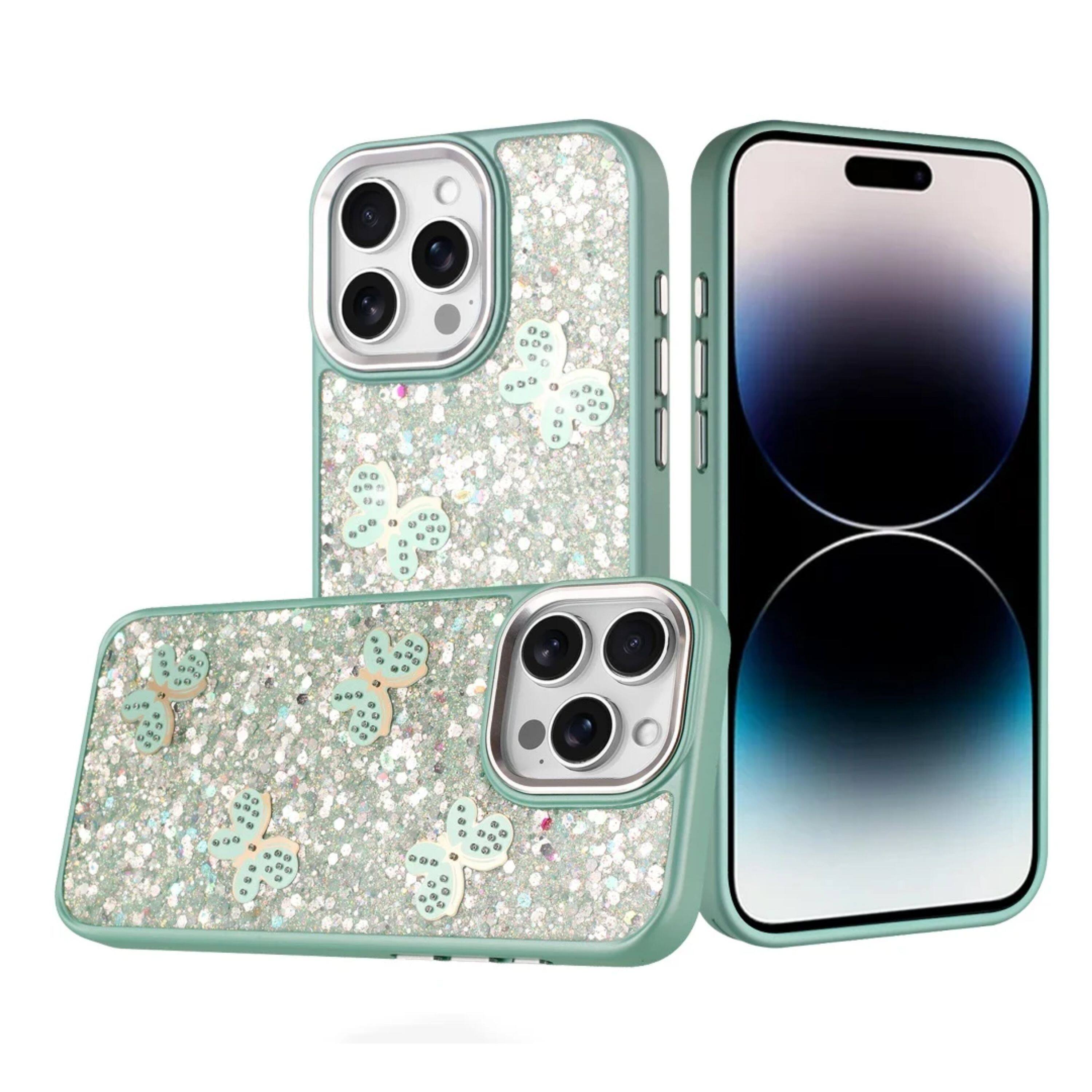 Angle. Kitcheniva - Full Glitter Flakes Butterflies Phone Case For iPhone 14 Pro Max Teal - Teal.