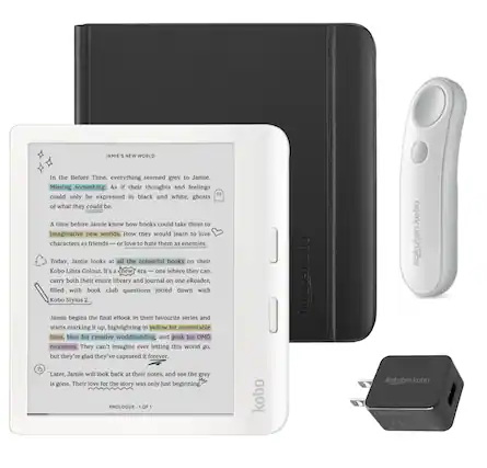 **Jamie's New World**
In the Before Time, everything seemed grey to Jamie.
Missing something. As if their thoughts and feelings could only be expressed in black and white, ghosts of what they could be.
A time before Jamie knew how books could take them to imaginative new worlds. How they would learn to love characters as friends—or love to hate them as enemies.
Today, Jamie looks at all the colourful books on their Kobo Libra Colour. It's a new era—one where they can carry both their entire library and journal on one eReader, filled with book club questions jotted down with Kobo Stylus 2.
Jamie begins the final eBook in their favourite series and starts marking it up, highlighting in yellow for memorable lines, blue for creative worldbuilding, and pink for OMG moments. They can't imagine ever letting this world go, but they're glad they've captured it forever.
Later, Jamie will look back at their notes and see the grey is gone. Their love for the story was only just beginning.
**Prologue**
1 of 1
