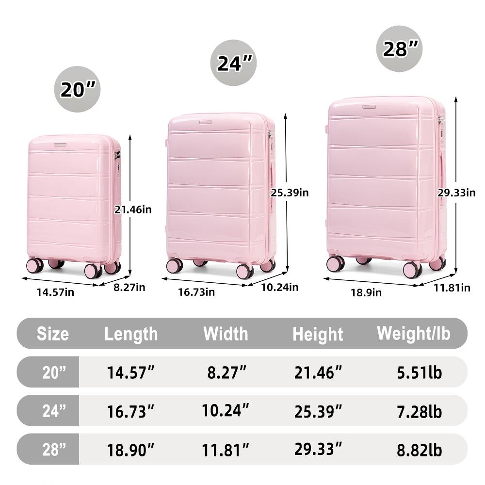 20"
24"
28"
21.46in
25.39in
29.33in
14.57in
8.27in
16.73in
10.24in
18.9in
11.81in
Size
Length
Width
Height
Weight/lb
20"
14.57"
8.27"
21.46"
5.51lb
24"
16.73"
10.24"
25.39"
7.28lb
28"
18.90"
11.81"
29.33"
8.82lb