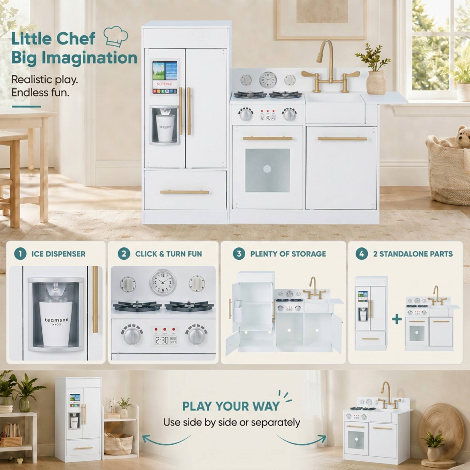 Little Chef Big Imagination  
Realistic play. Endless fun.  

1. ICE DISPENSER  
2. CLICK & TURN FUN  
3. PLENTY OF STORAGE  
4. 2 STANDALONE PARTS  

PLAY YOUR WAY  
Use side by side or separately