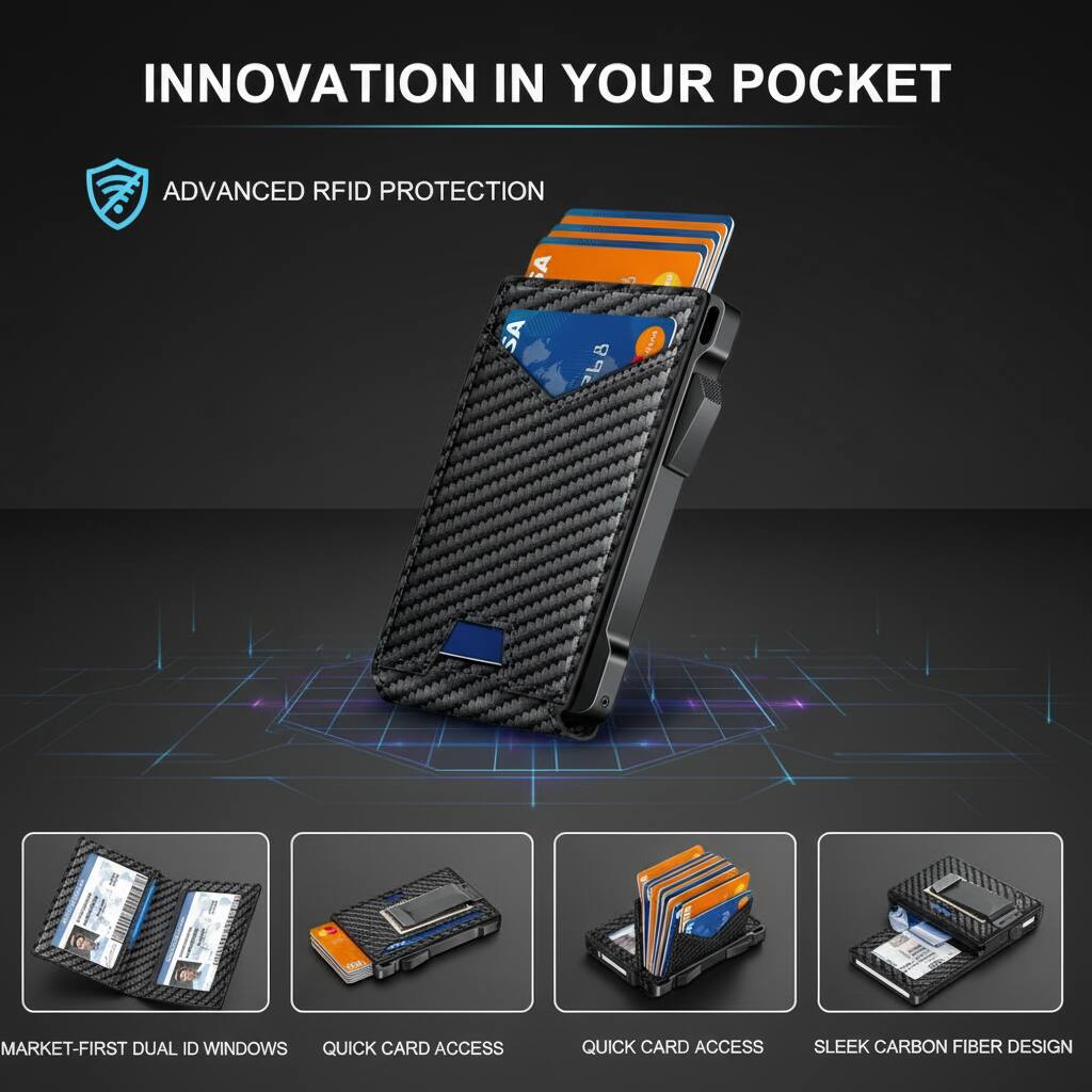 INNOVATION IN YOUR POCKET

ADVANCED RFID PROTECTION

MARKET-FIRST DUAL ID WINDOWS

QUICK CARD ACCESS

QUICK CARD ACCESS

SLEEK CARBON FIBER DESIGN