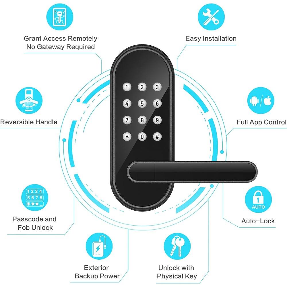 - Grant Access Remotely
  - No Gateway Required

- Easy Installation

- Reversible Handle

- Full App Control

- Passcode and Fob Unlock
  - 1234
  - 5678
  - ****

- Exterior Backup Power

- Unlock with Physical Key

- Auto-Lock