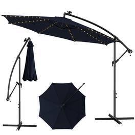 Costway - 10FT Patio Solar-Lighted 112 LED Cantilever Offset Umbrella Crank Tilt Outdoor - Navy