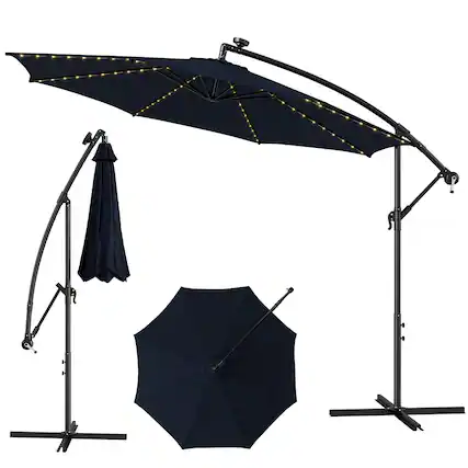 Front. Costway - 10FT Patio Solar-Lighted 112 LED Cantilever Offset Umbrella Crank Tilt Outdoor - Navy.