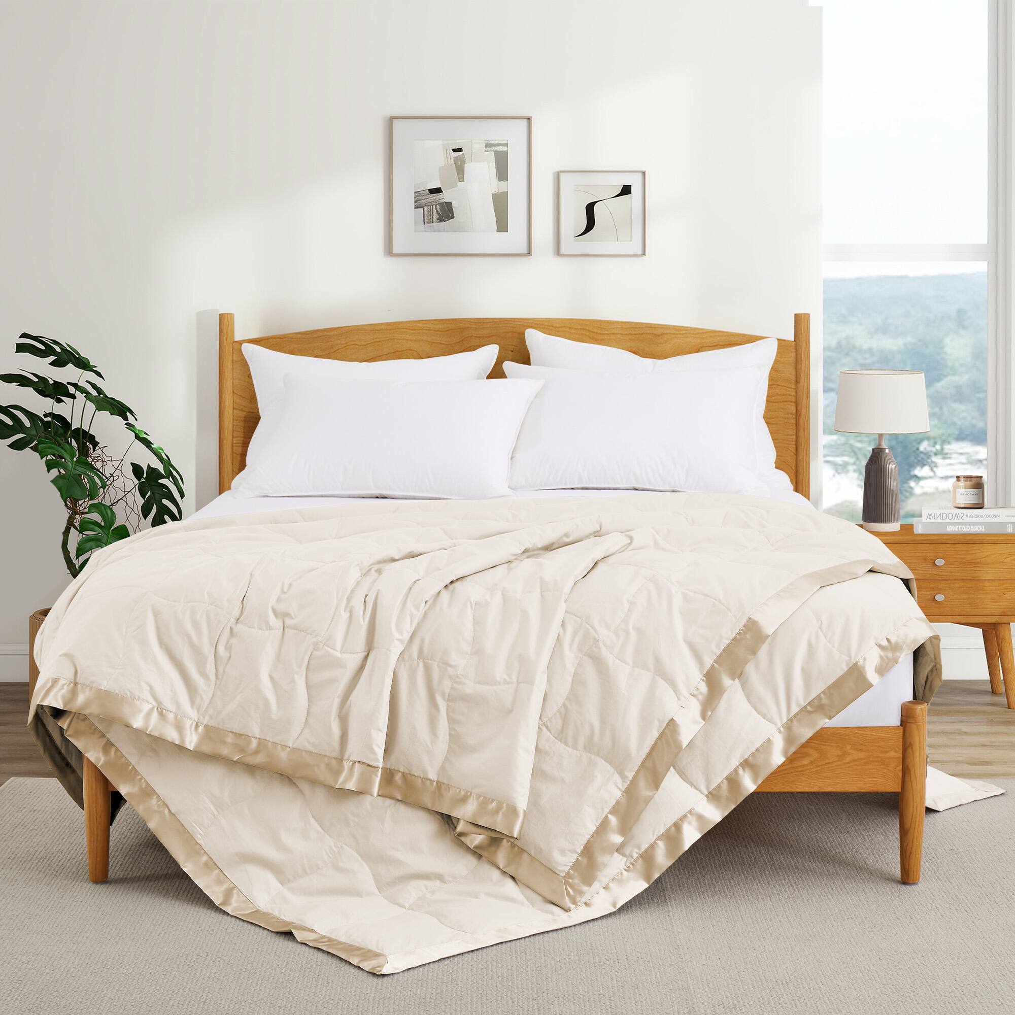 Front. Peace Nest - Peace Nest Ultra-Lightweight Down Blanket with Satin Trim, Ivory, 90x90 inches - Ivory.