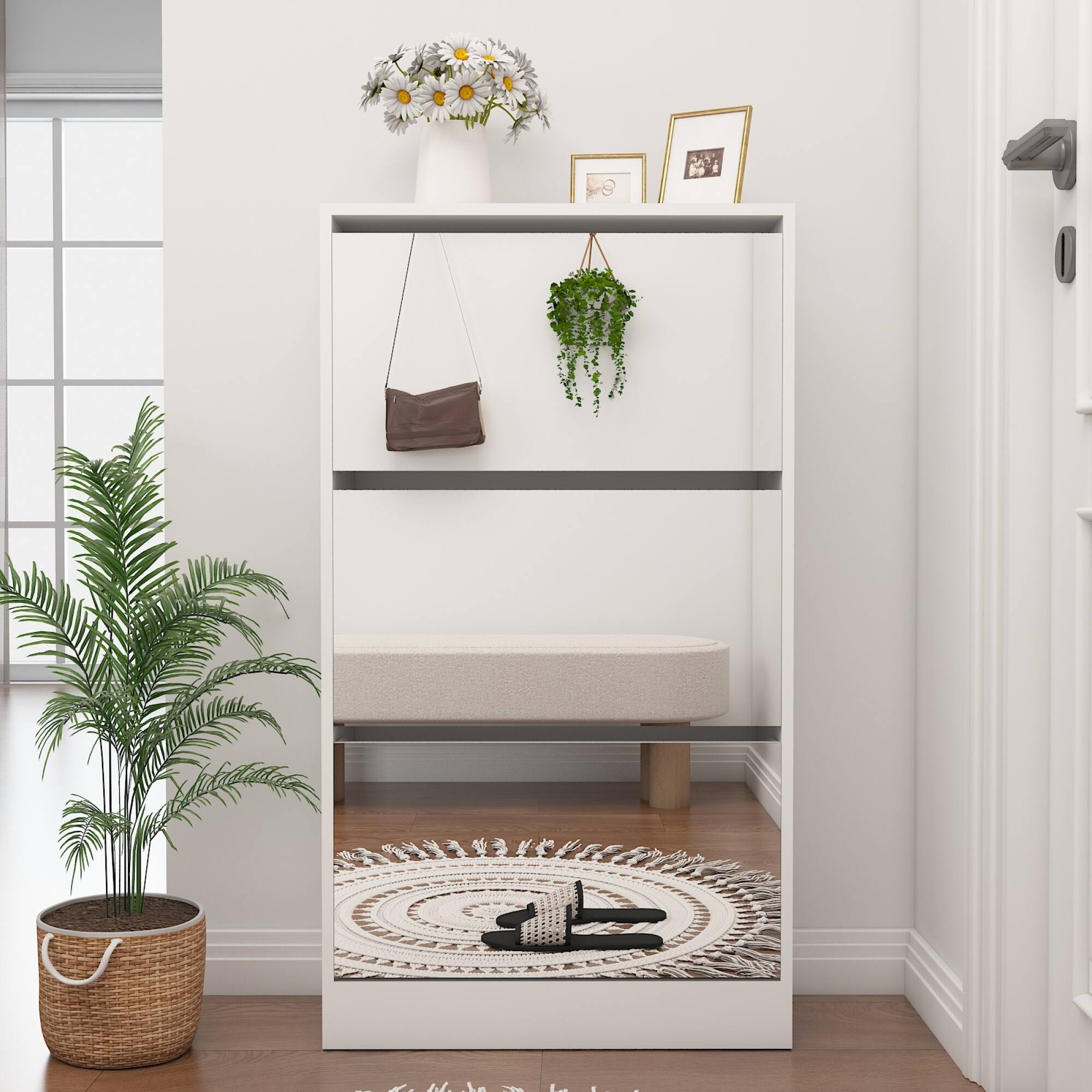 Angle. GOODSILO - Slim Shoe Storage Cabinet with Full-Length Mirror and Rotating Drawers for Entryway and Bedroom Organization - Matte White.