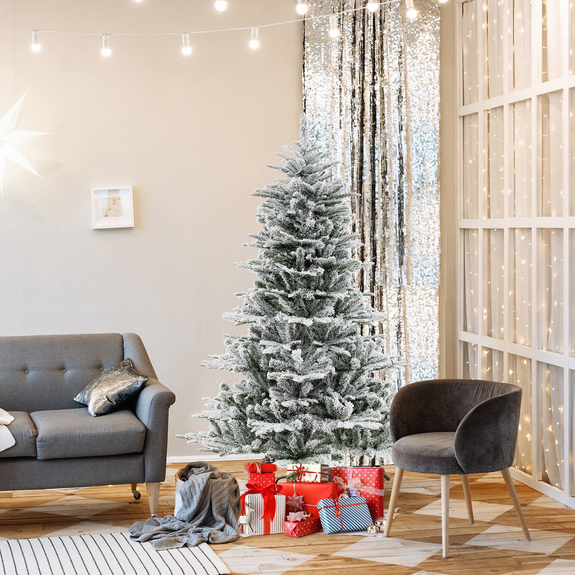 Alt View 2. Costway - Costway 6 FT Snow Flocked Artificial Christmas Tree with 661 PVC & PE Tips 500 LED Lights - Green,White.