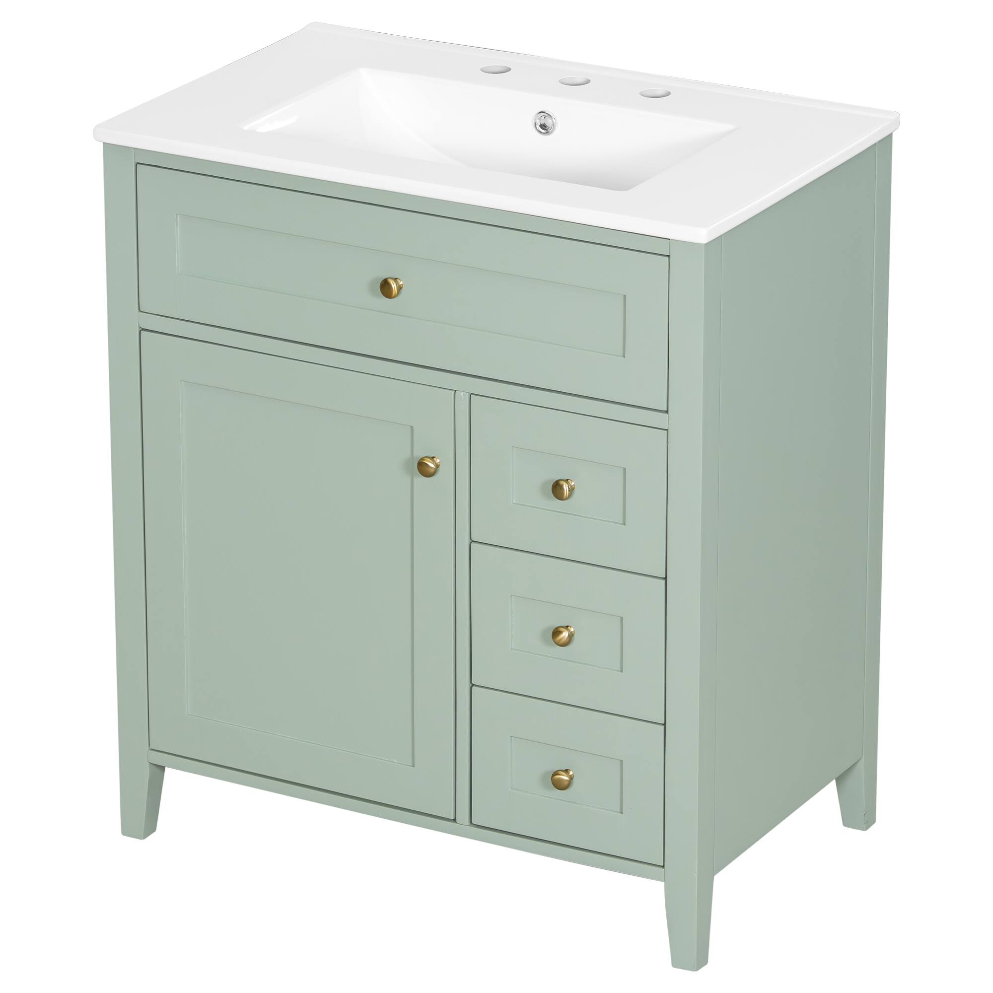 Left. Whisen - 30 Inch Bathroom Vanity with Ceramic Sink Combo Modern 3 Drawer 1 Left Door Storage Cabinet Freestanding - Light Green.