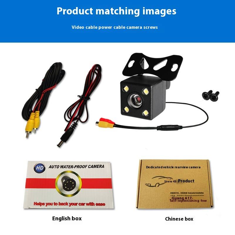 Product matching images  
Video cable power cable camera screws  

HD AUTO WATER-PROOF CAMERA  
Helps you to back your car with ease  

Dedicated vehicle rearview camera  
Store 45 Product  
Guang A17  
Self-replenishing free  

English box  
Chinese box