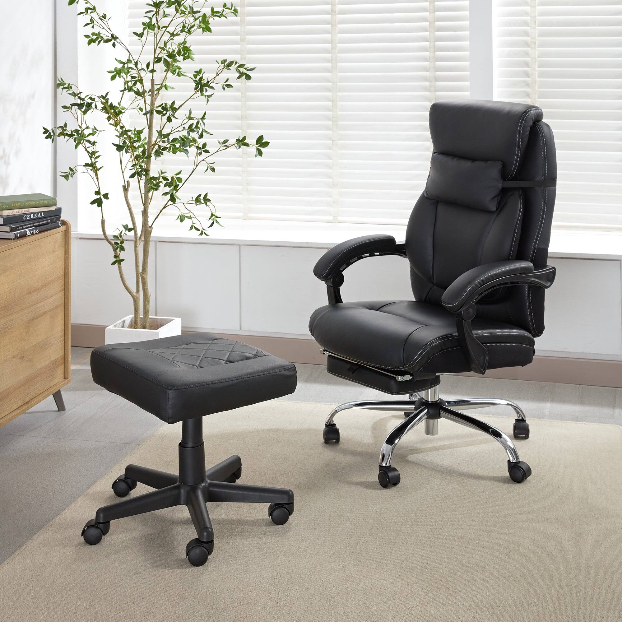 Alt View 4. Vecelo - Adjustable Desk Footrest with Pneumatic Lift - 16-21" Height, 300lb Capacity PU Leather Foot Stool for Office & Gaming - Black.