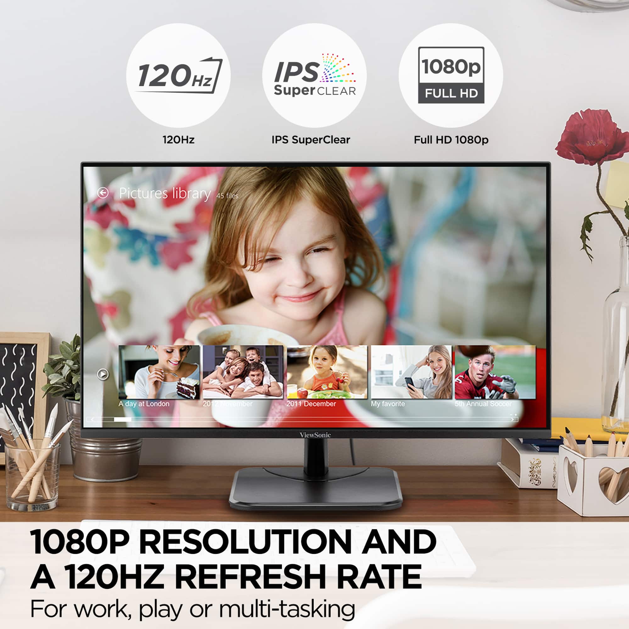 The text on the image is grouped and corrected as follows:
1. 120Hz IPS Super CLEAR 1080p FULL HD
2. 1080p FULL HD 1080p F
3. Pictures library 45 tests A day at London 20 November 2012
4. My favorite thing Annual Soccer ViewSonic 1080P RESOLUTION AND A 120HZ REFRESH RATE
The corrected text is organized into four sentences, each describing different aspects of the product being advertised.