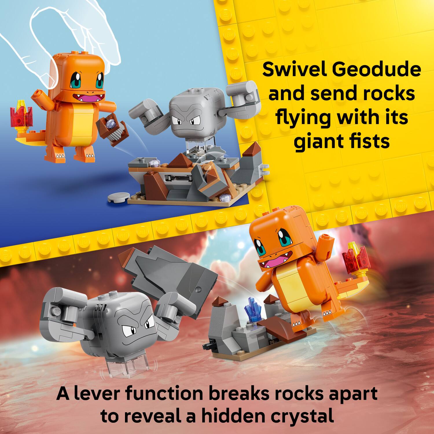 Swivel Geodude and send rocks flying with its giant fists

A lever function breaks rocks apart to reveal a hidden crystal
