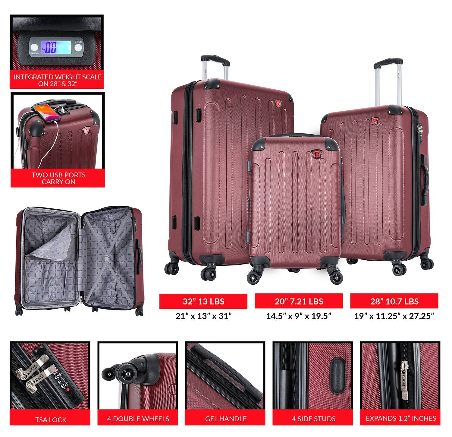 - Integrated weight scale on 28" & 32"
- Two USB ports
- Carry on
- 32" 13 lbs
- 20" 7.21 lbs
- 28" 10.7 lbs
- 21" x 13" x 31"
- 14.5" x 9" x 19.5"
- 19" x 11.25" x 27.25"
- TSA lock
- 4 double wheels
- Gel handle
- 4 side studs
- Expands 1.2" inches