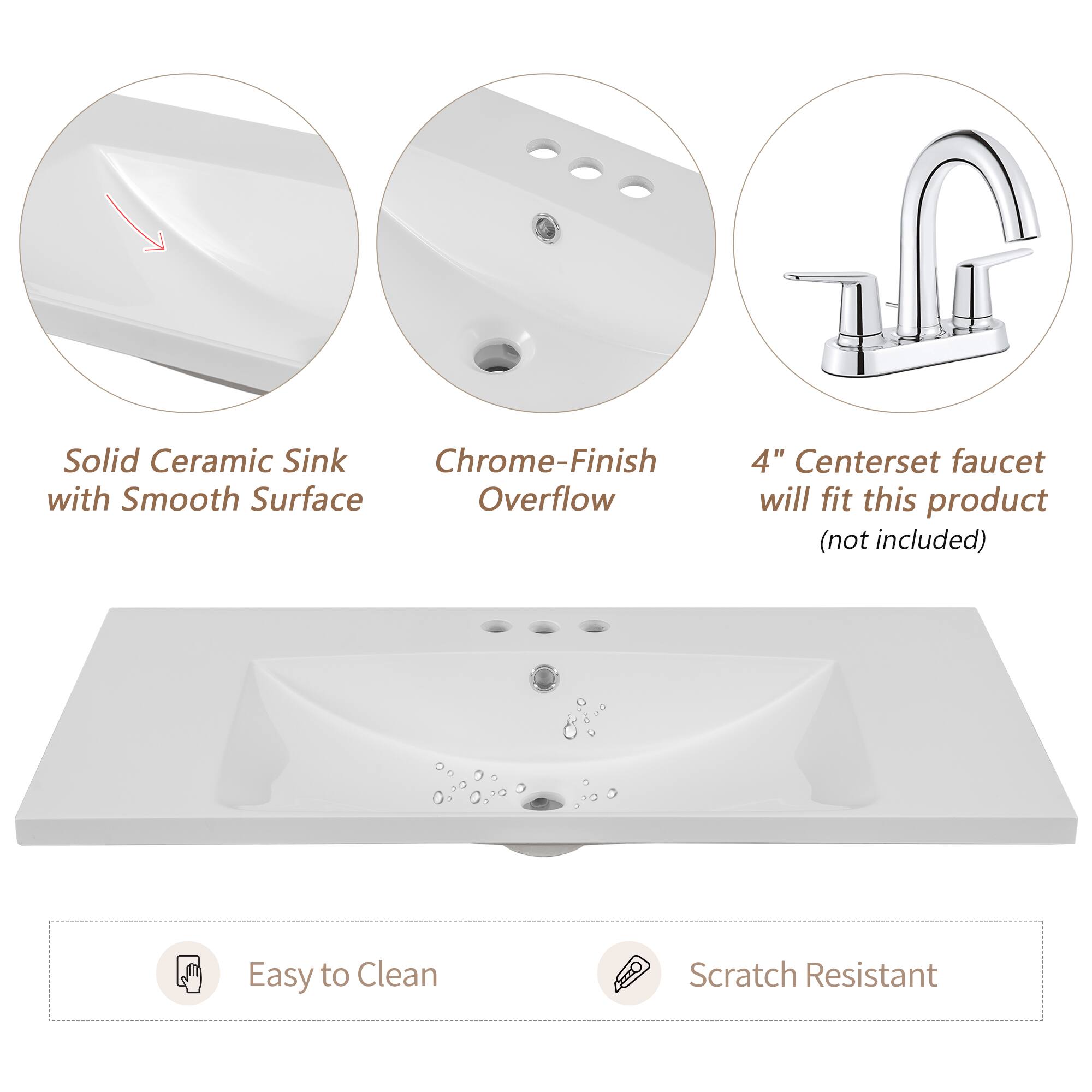 Solid Ceramic Sink with Smooth Surface  
Chrome-Finish Overflow  
4" Centerset faucet will fit this product (not included)  

Easy to Clean  
Scratch Resistant