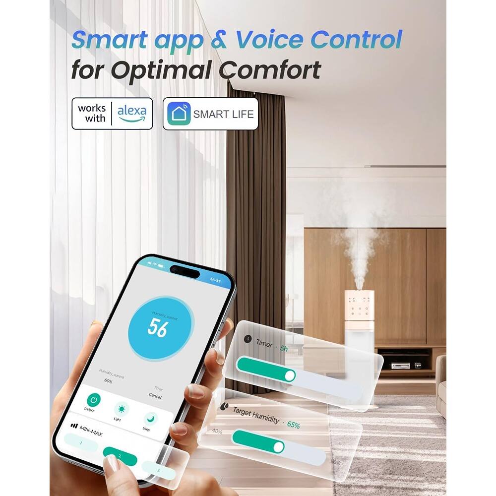 Smart app & Voice Control for Optimal Comfort

works with alexa SMART LIFE

- D Melt AP 56
- 4 Timer
- Sh mumidlo
- SN CO%
- DHteY
- Lg Ite
- MIN-MAX Timer Cancel
- Target Humidity 65% 40%