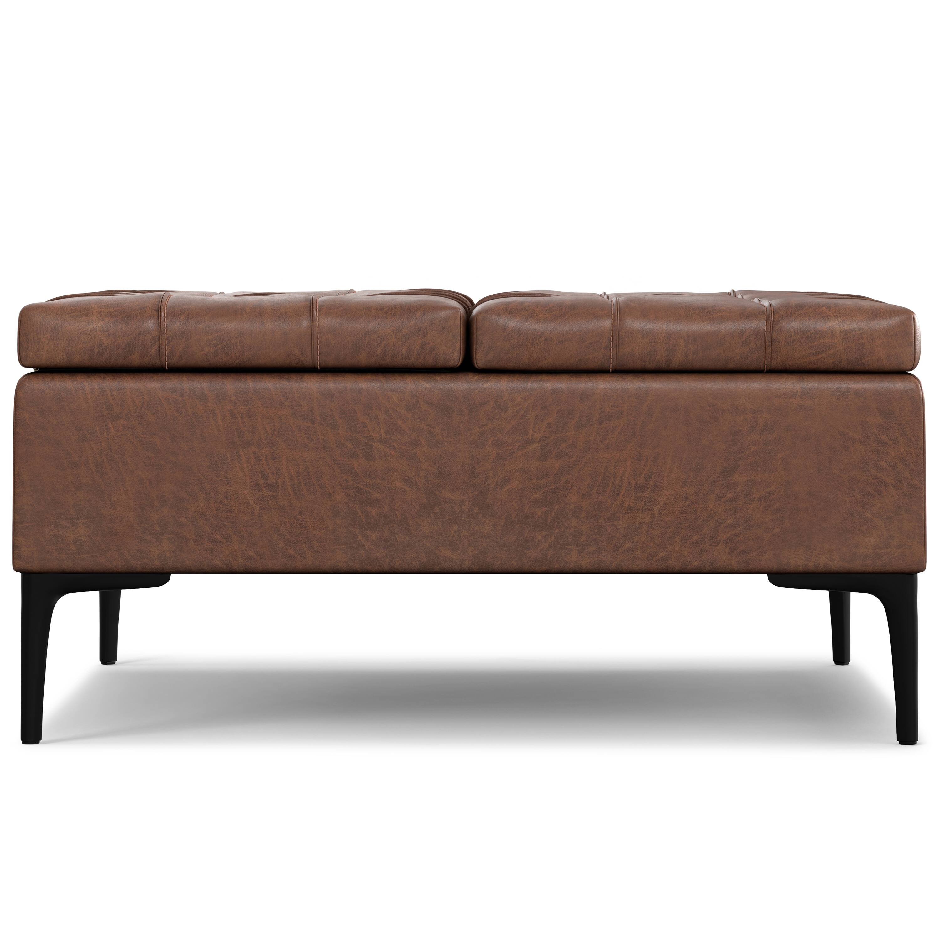 Left. Simpli Home - Laura 36 inch Wide Mid Century Square Lift Top Storage Ottoman in Distressed Saddle Brown  Vegan Faux Leather, Assembled - Distressed Saddle Brown.