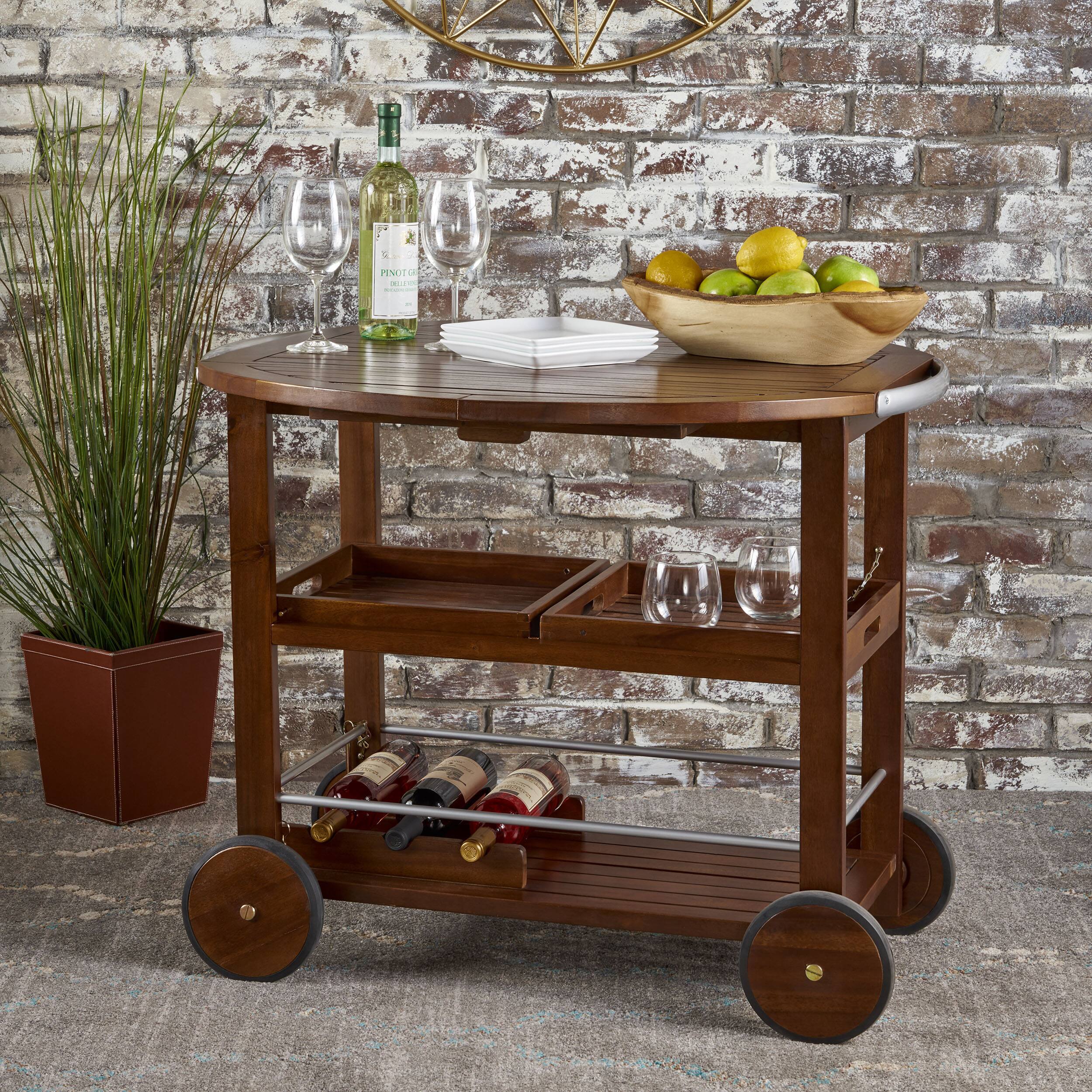 Front. APRILSOUL - Adjustable Wood Aluminum Bar Cart Wine Storage Removable Trays Modern Industrial - Oak+Silver.
