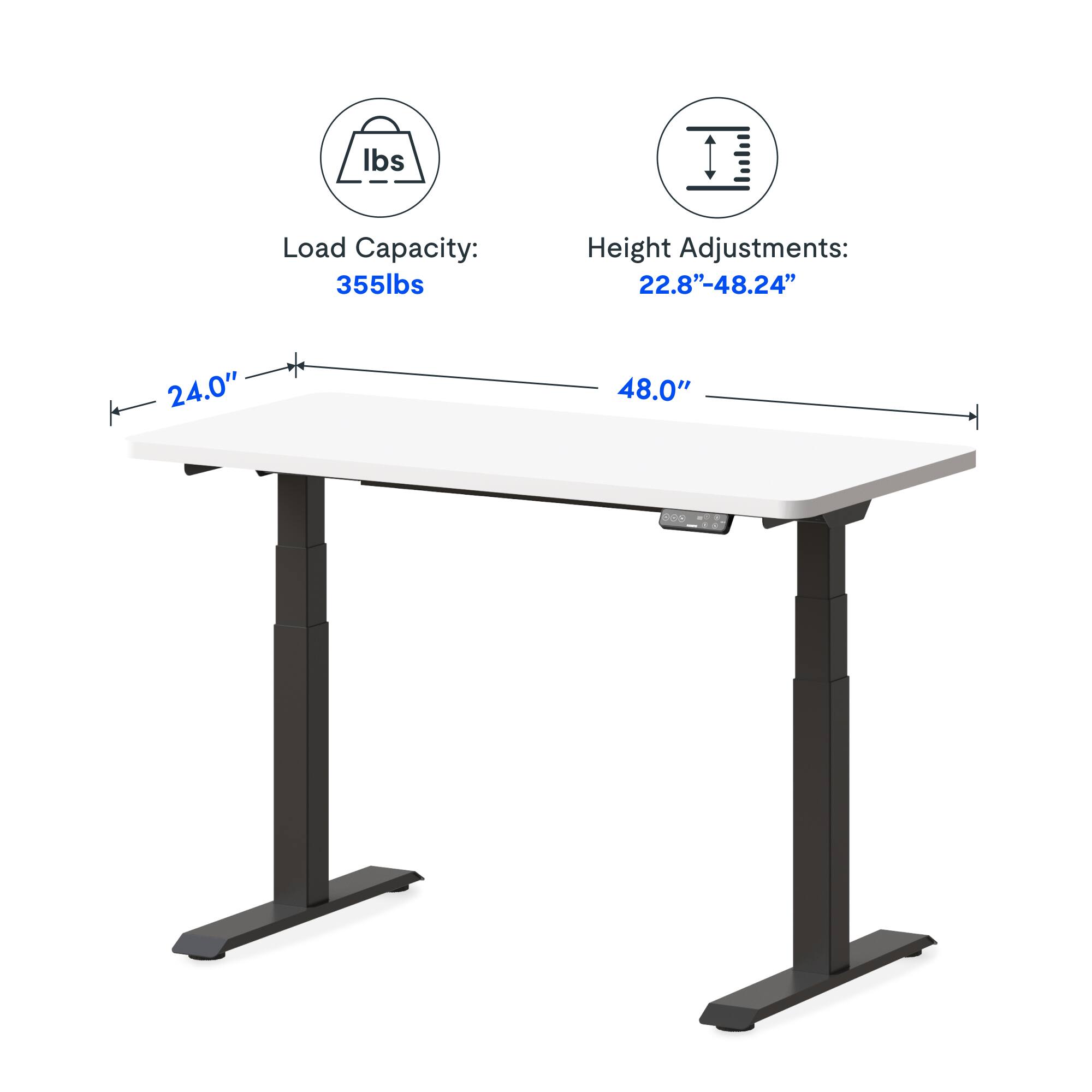 Load Capacity: 355lbs  
Height Adjustments: 22.8"-48.24"  
Width: 48.0"  
Depth: 24.0"