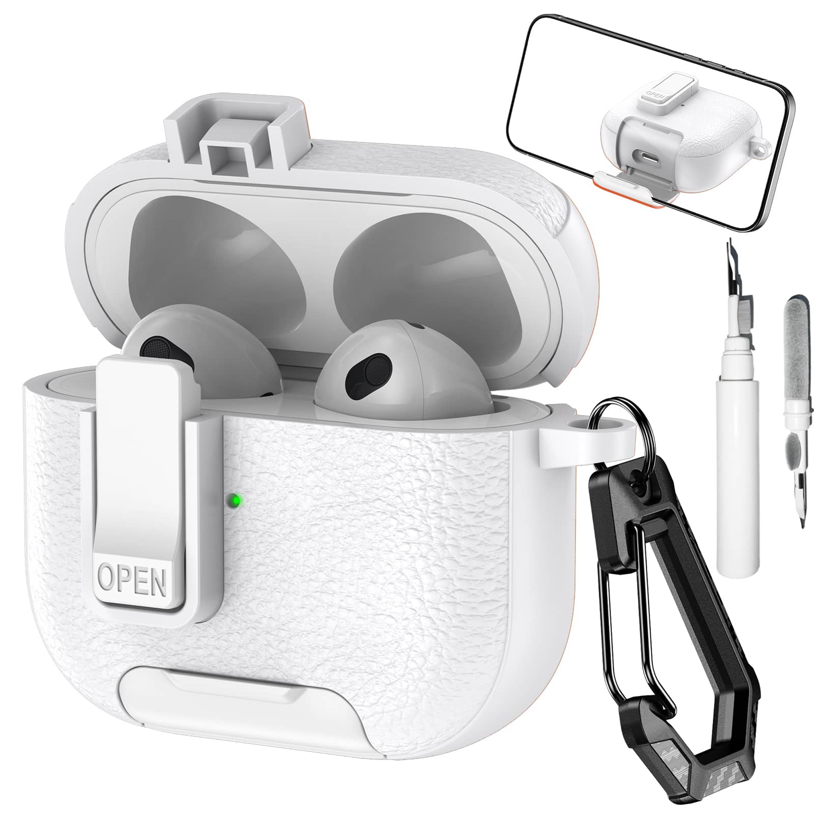 Dteck - Earphone Case for Apple AirPods 3rd Gen (2021) with Phone Holder & Keychain,Leather Texture Earbuds Cover for Man Women - White