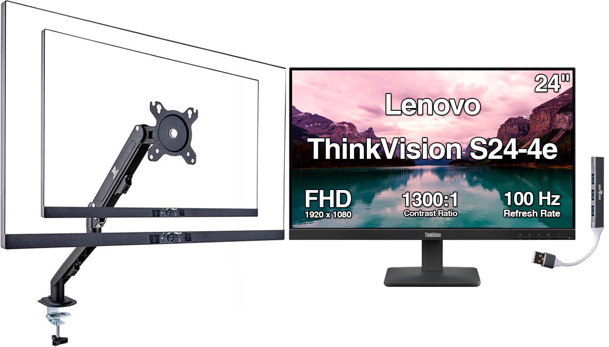 Lenovo - ThinkVision S24-4e 24" FHD IPS Monitor, Anti-Glare, HDMI (64B5KAT1UZ) w/DKZ Hub & Ergoflexy Single Mount Arm - Black