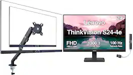 Lenovo - ThinkVision S24-4e 24" FHD IPS Monitor, Anti-Glare, HDMI (64B5KAT1UZ) w/DKZ Hub & Ergoflexy Single Mount Arm - Black