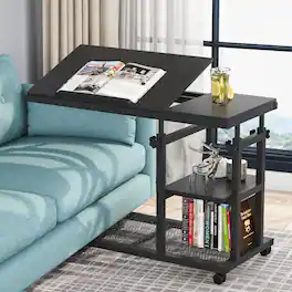 Tribesigns - Height-Adjustable C-Shaped Mobile Laptop Desk with Wheels and Tilting Top for Sofa or Bedside - Black