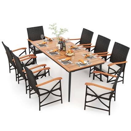 Front. Costway - 9 PCS Patio Dining Set with 1.9" Umbrella Hole X-frame Armrests Seat Cushions - Natural & Black,Mix Brown,Off White.